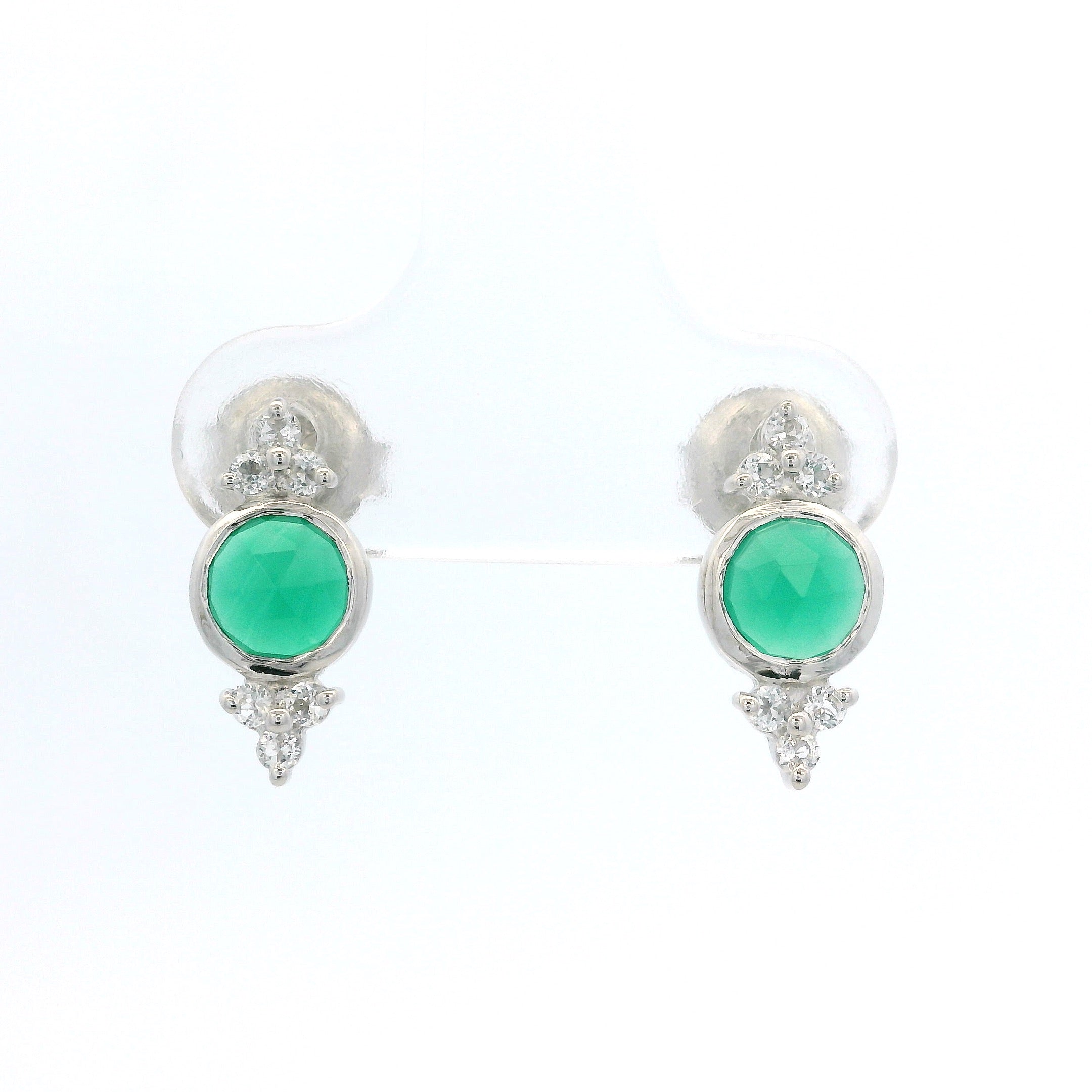 925SL BEZEL ONYX GREEN WITH POINTS TOPAZ WHITE EARRINGS