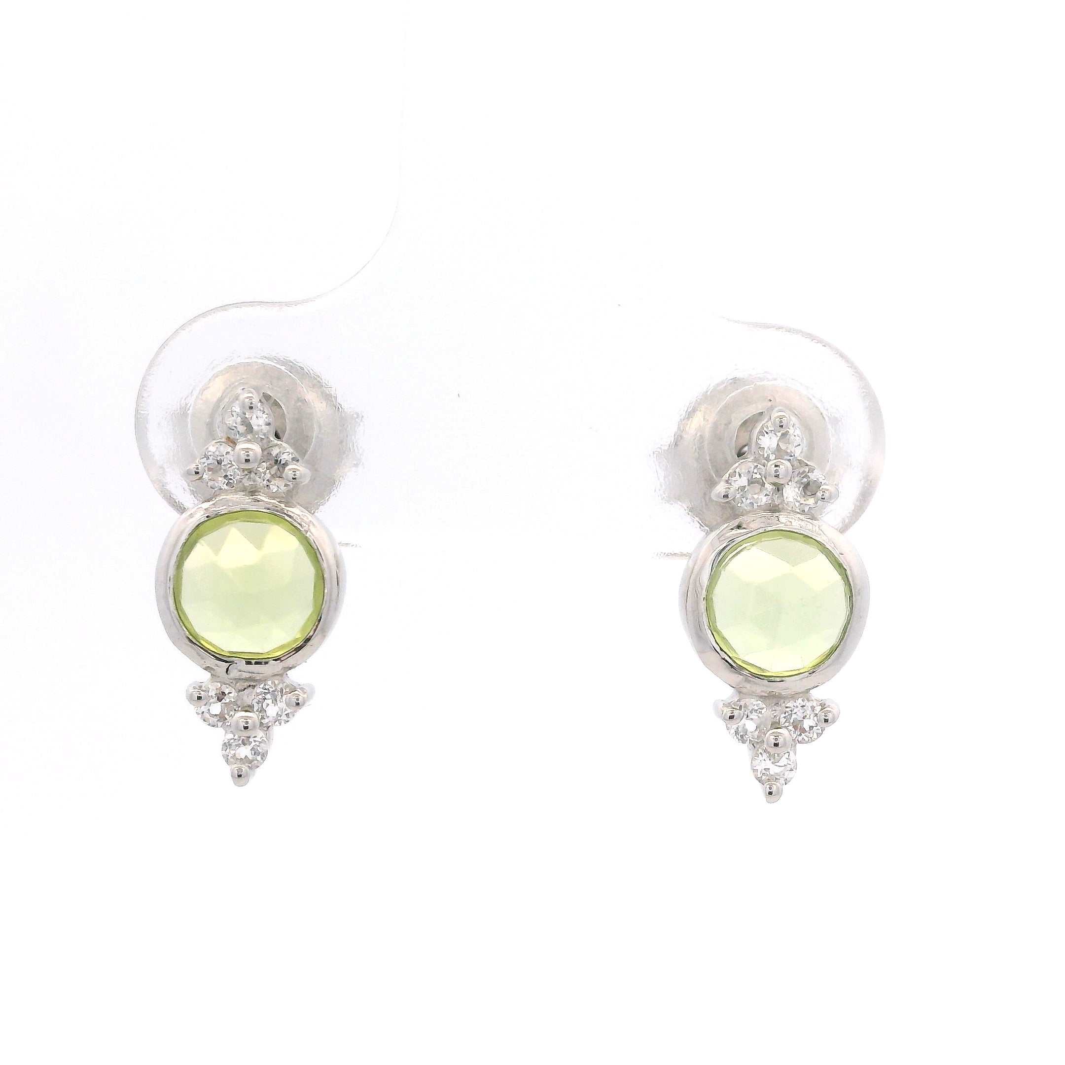 925SL BEZEL PERIDOT WITH POINTS TOPAZ WHITE EARRINGS