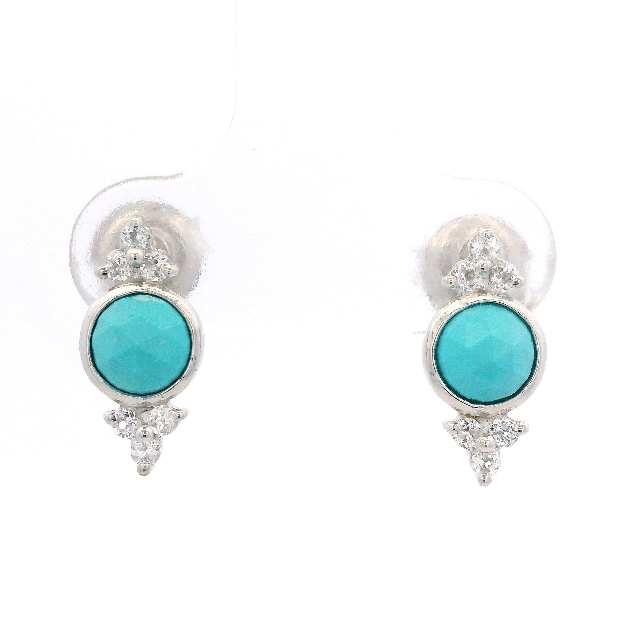 925SL BEZEL TURQUOISE SYN WITH POINTS TOPAZ WHITE EARRINGS