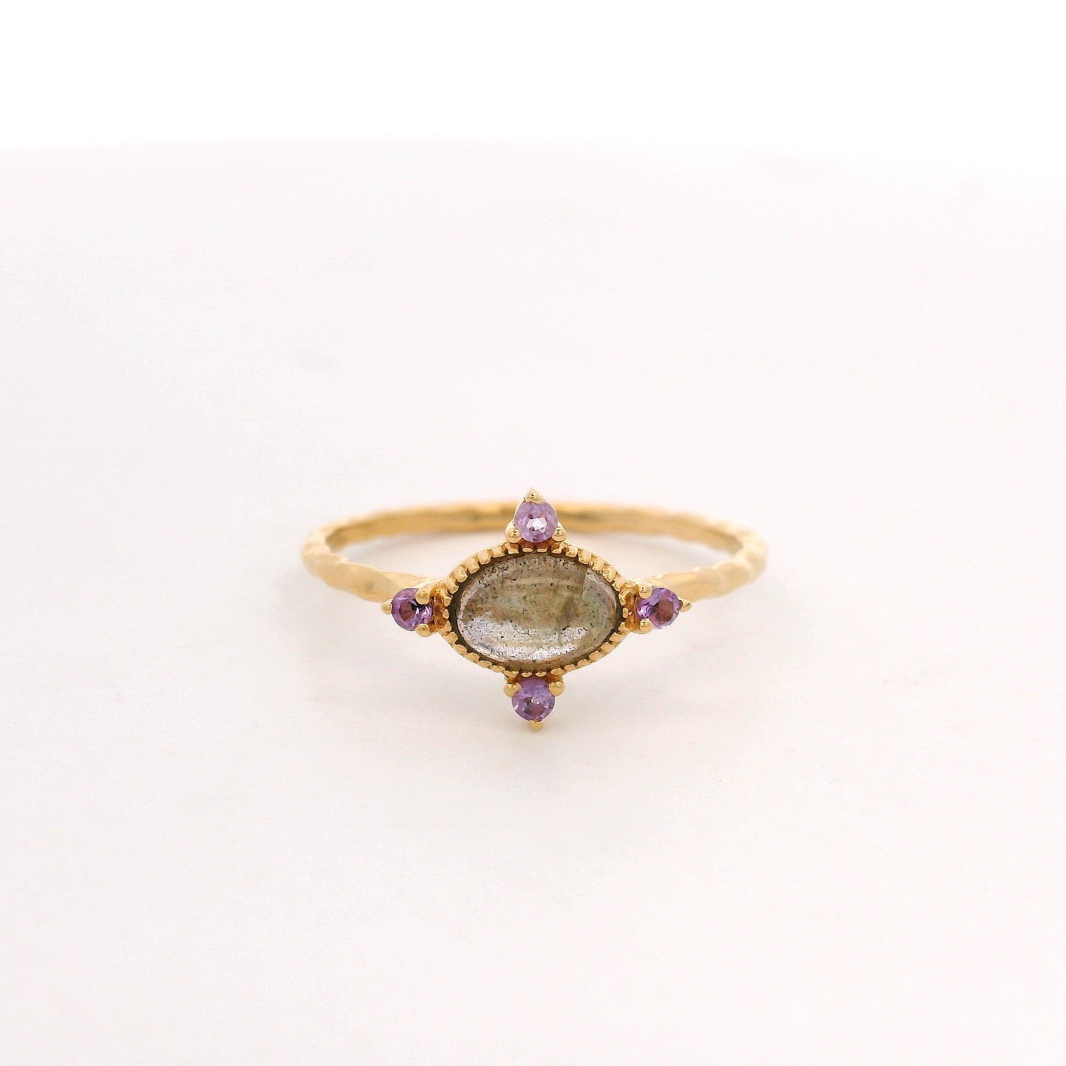 925YG OVAL LABRADORITE POINTS AMETHYST RING T6.5