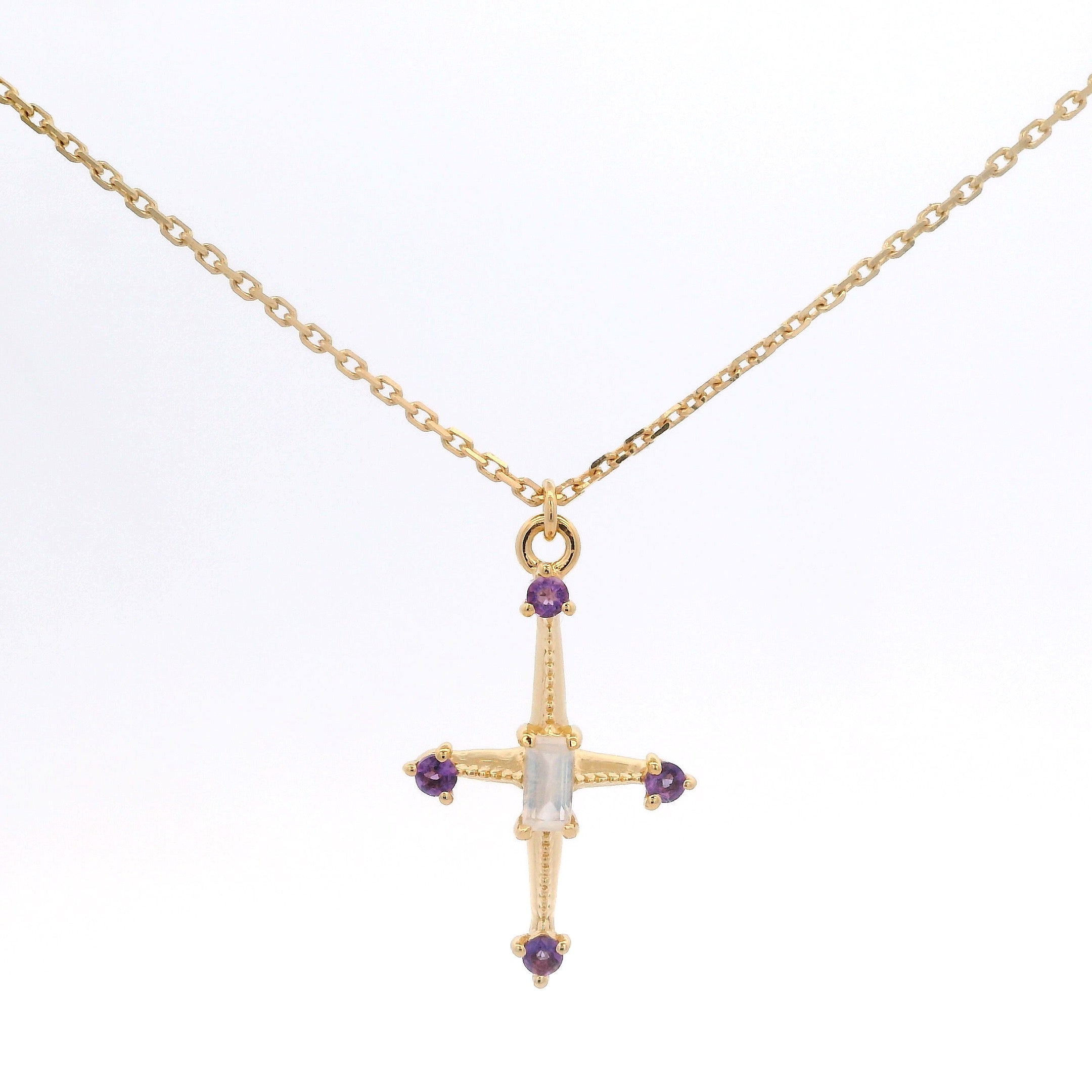 925YG RECTAGLE MOOSTONE POINTS AMETHYST NECKLACE
