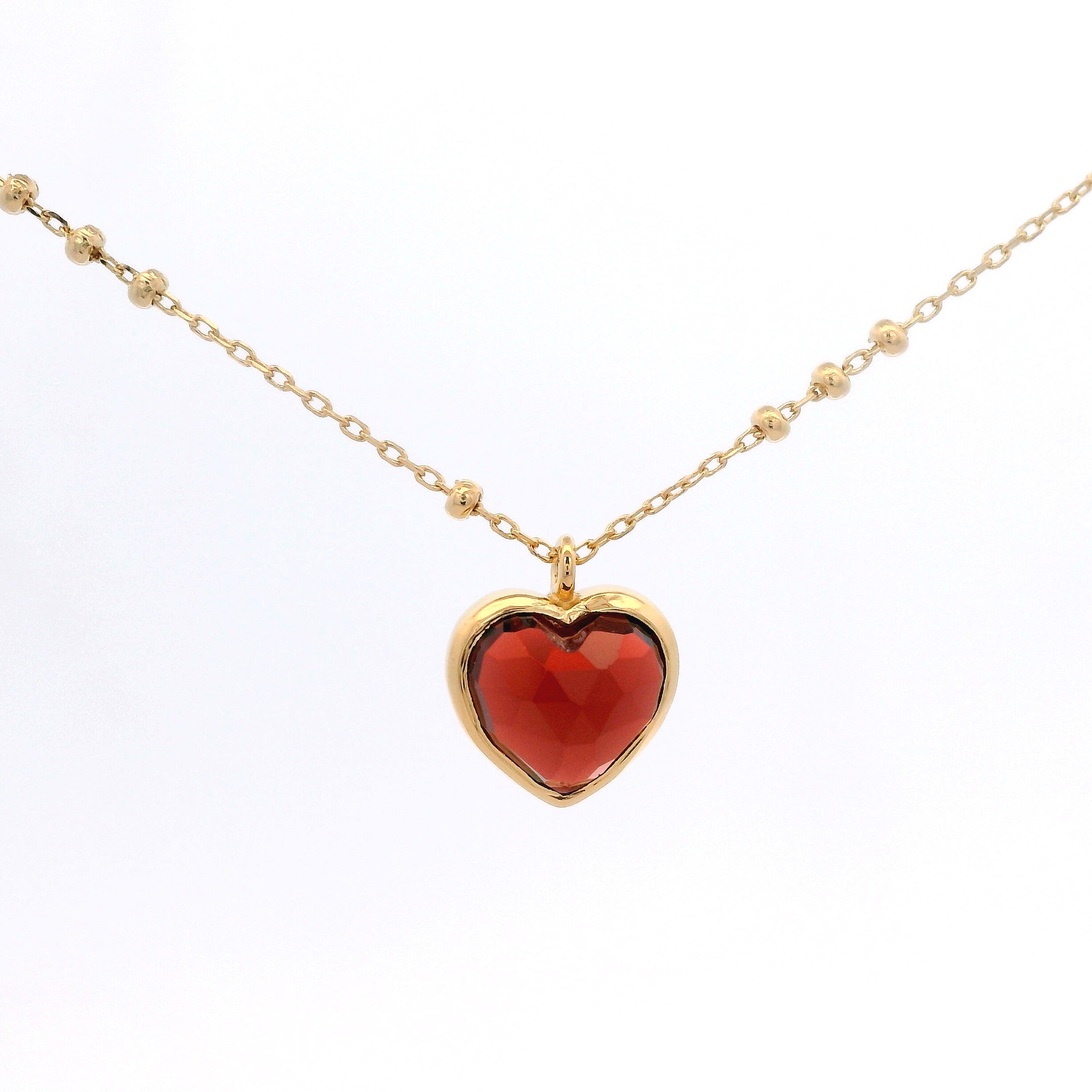 925YG HEART CABUCHON GARNET NECKLACE