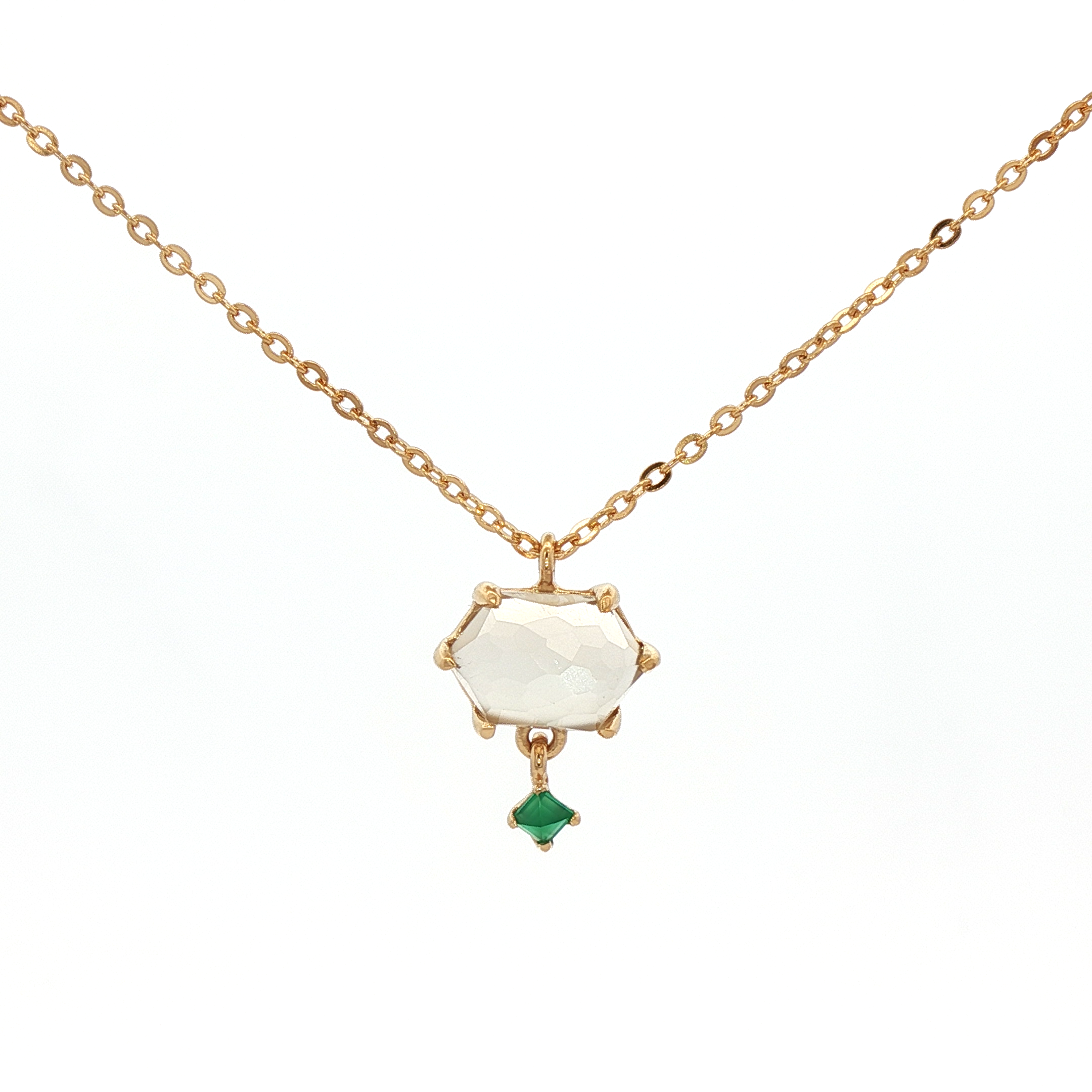 925YG HEXAGONAL MOOSTONE GRAY DROP ONYX GREEN NECKLACE