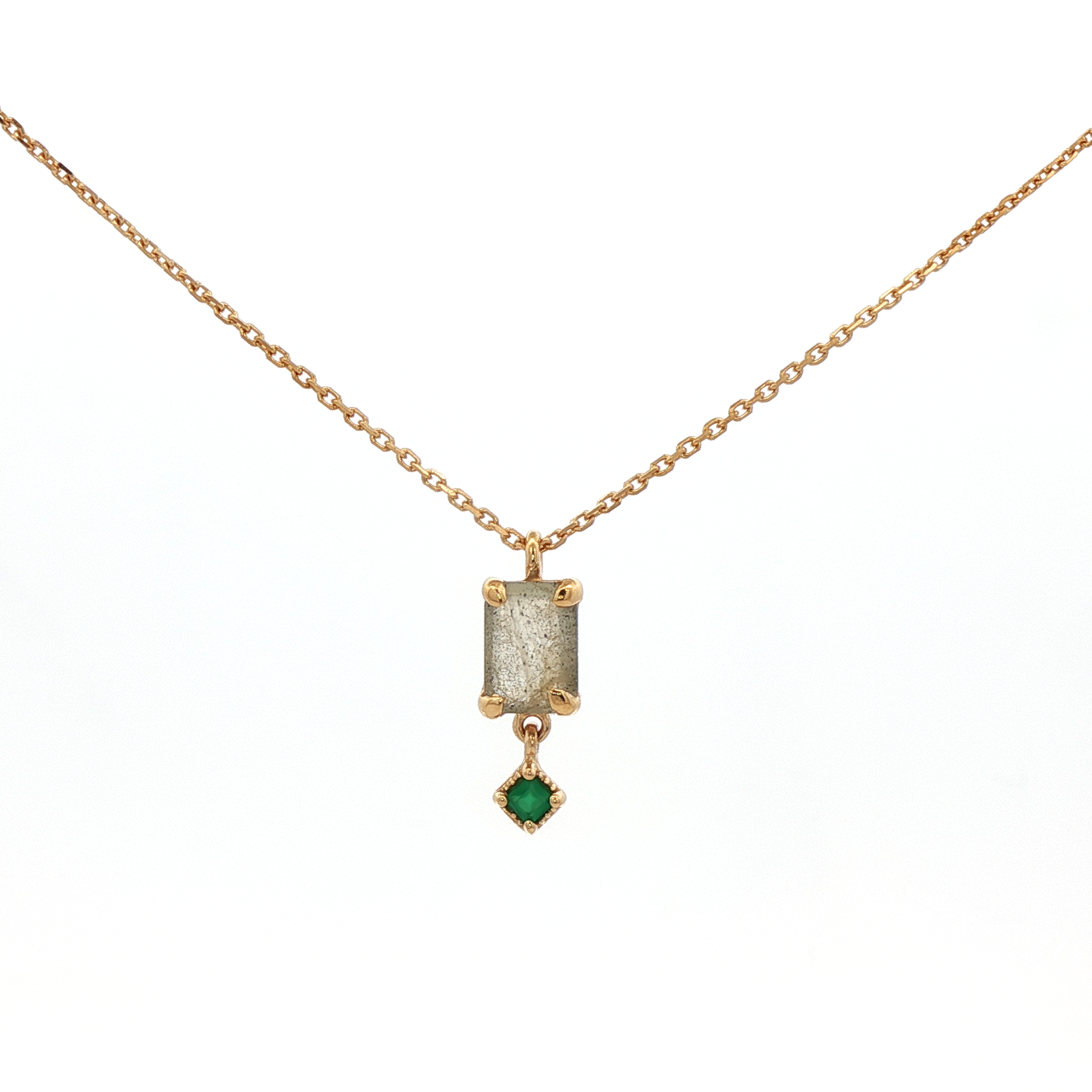 925YG EMERALD CUT LABRADORITE DROP ONYX GREEN NECKLACE