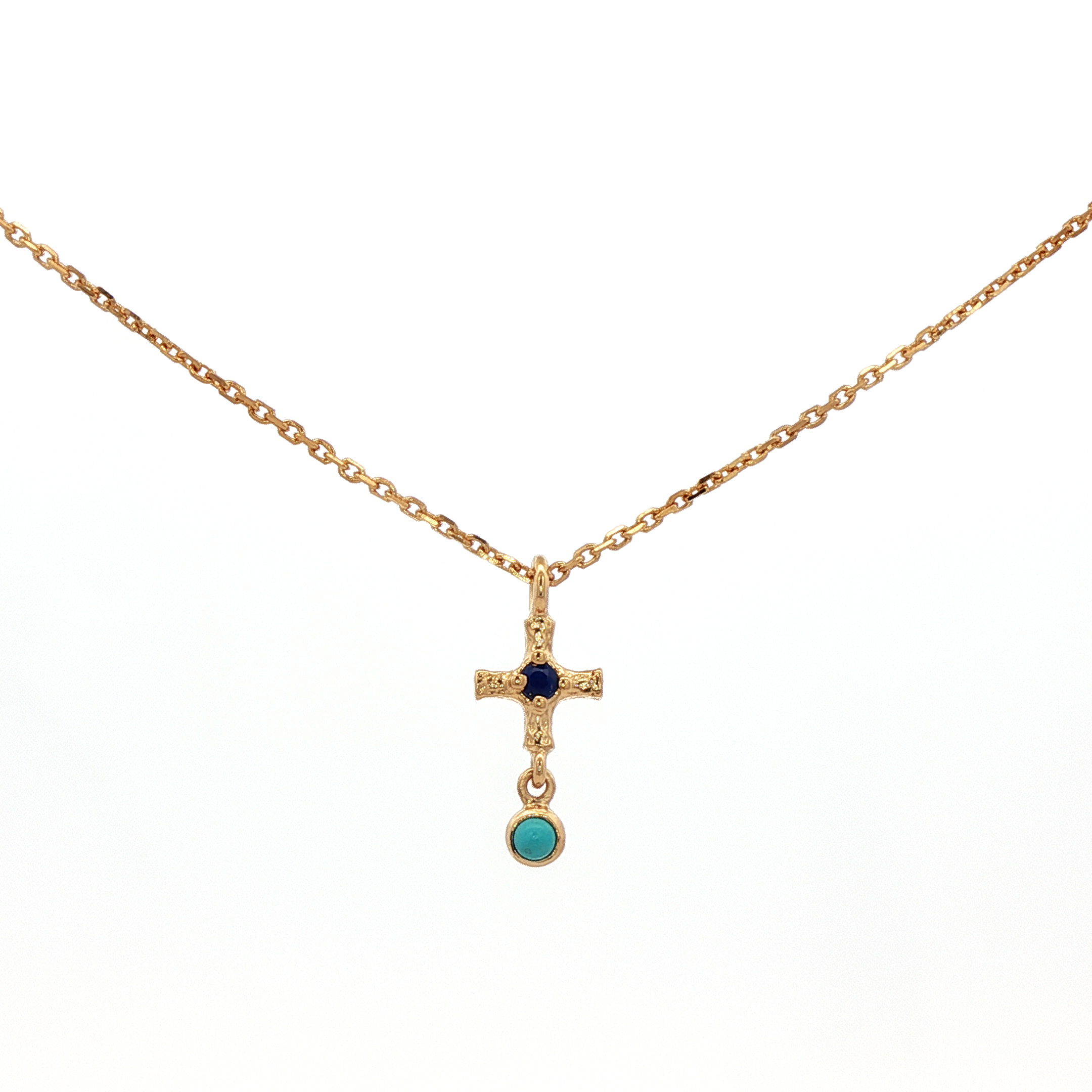 925YG MINI CROSS CENTER LAPIS PENDANT TURQUOISE SYN NECKLACE