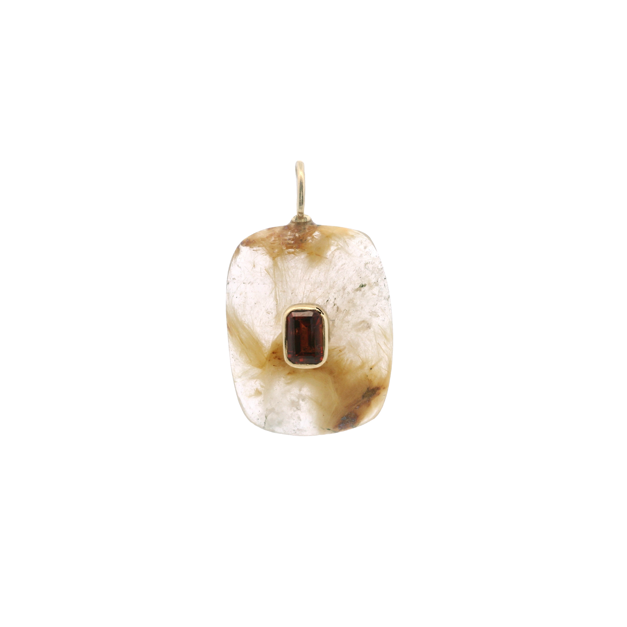 925YG DROP RUTILATED QUARTZ CENTER GARNET CHARM