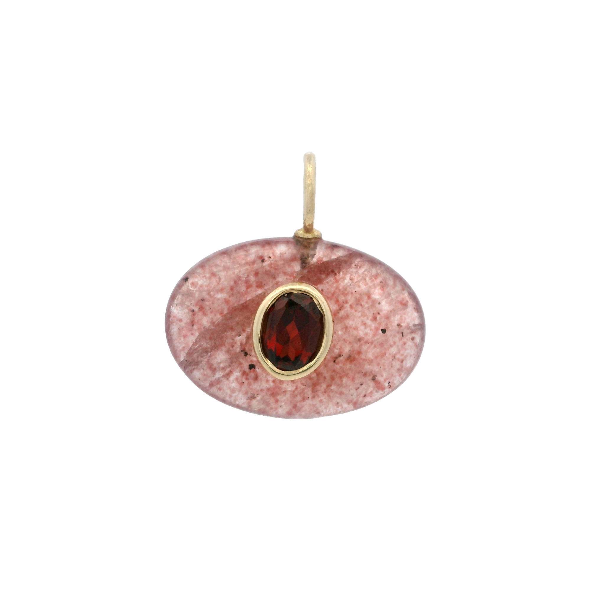 925YG OVAL STRAWBERRY QUARTZ CENTER GARNET CHARM