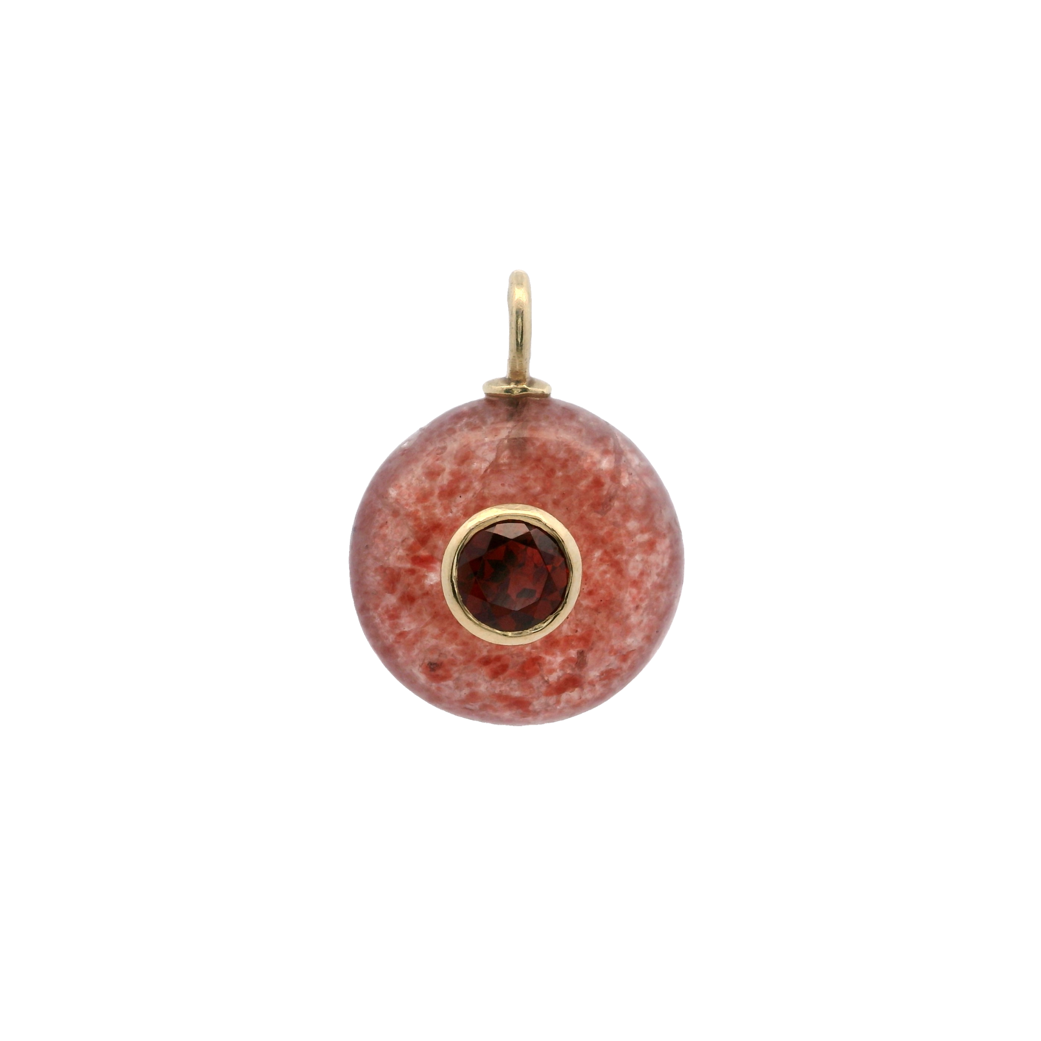 925YG ROUND CUT STRAWEBERRY QUARTZ CENTER GARNET CHARM