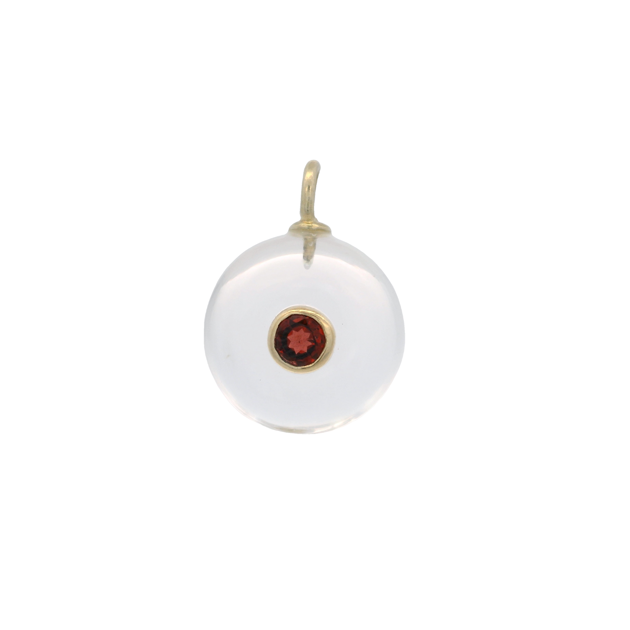 925YG ROUND CUT ROCK CRYSTAL CENTER GARNET CHARM