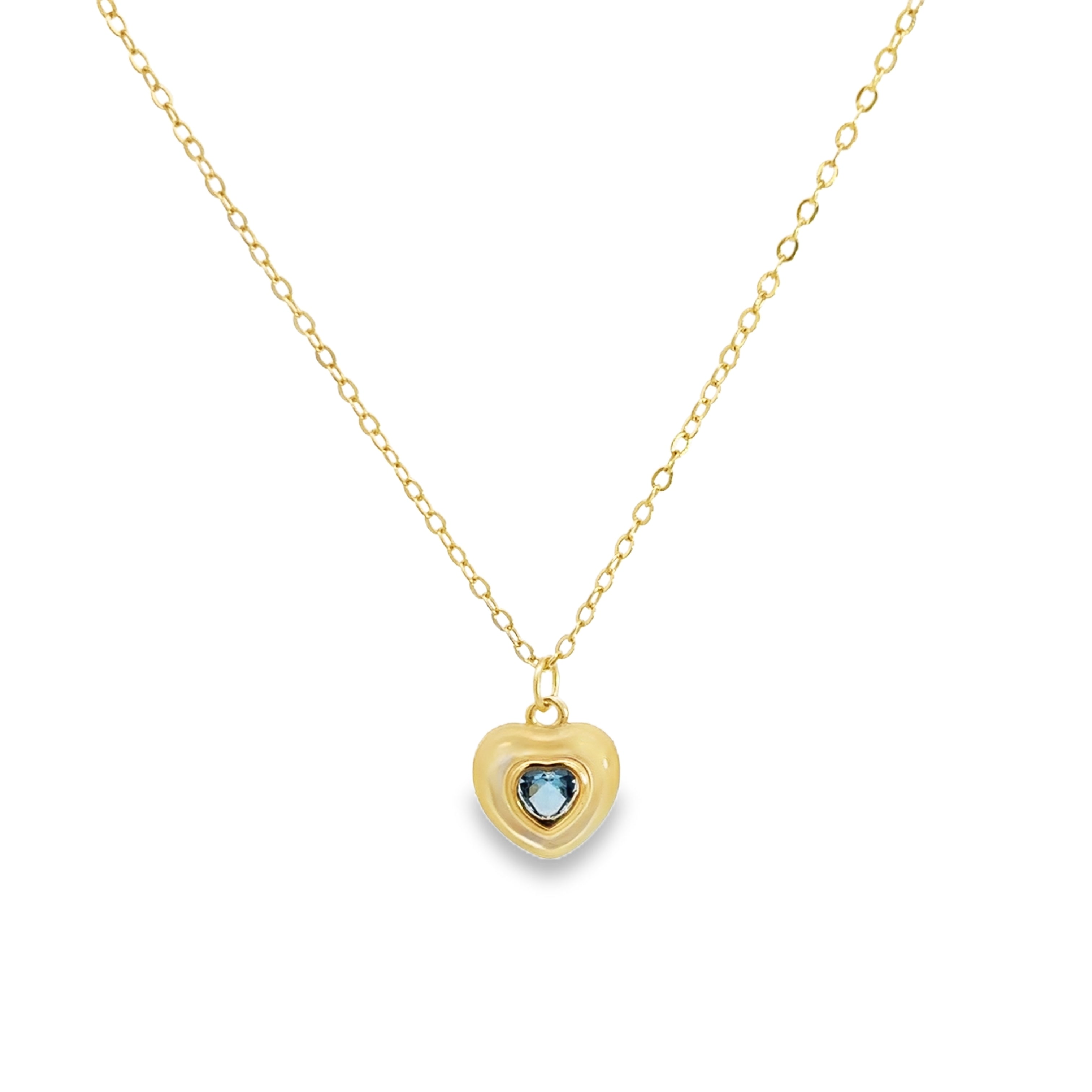 925GD HEART SKY BLUE CZ AND SHELL PEARL NECKLACE