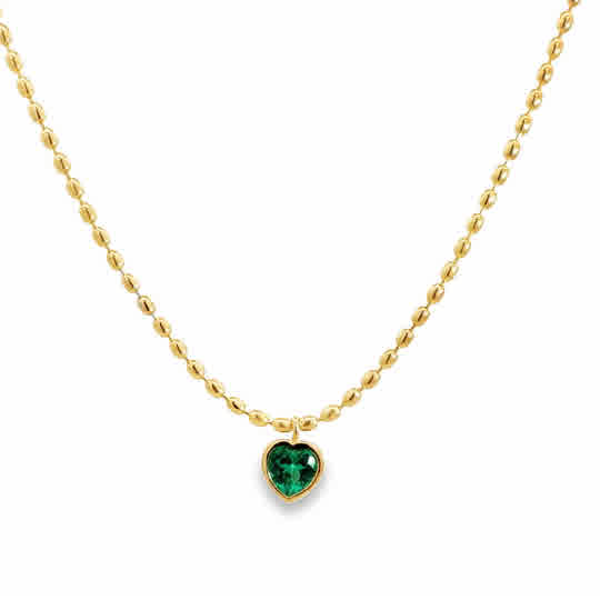 925GD SOLITARY HEART GREEN CZ BEAND NECKLACE