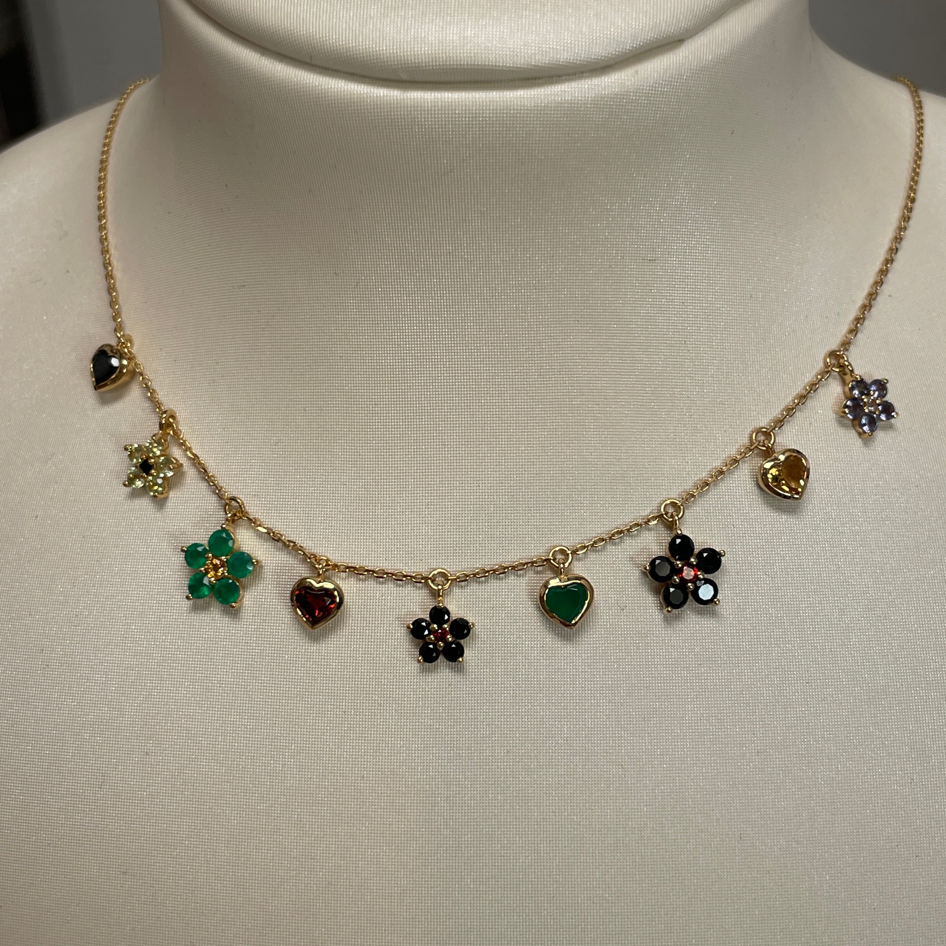 925YG STATION FLOWER WITH HEART SPINEL BLACK GARNET ONYX GREEN CITRINE NECKLACE
