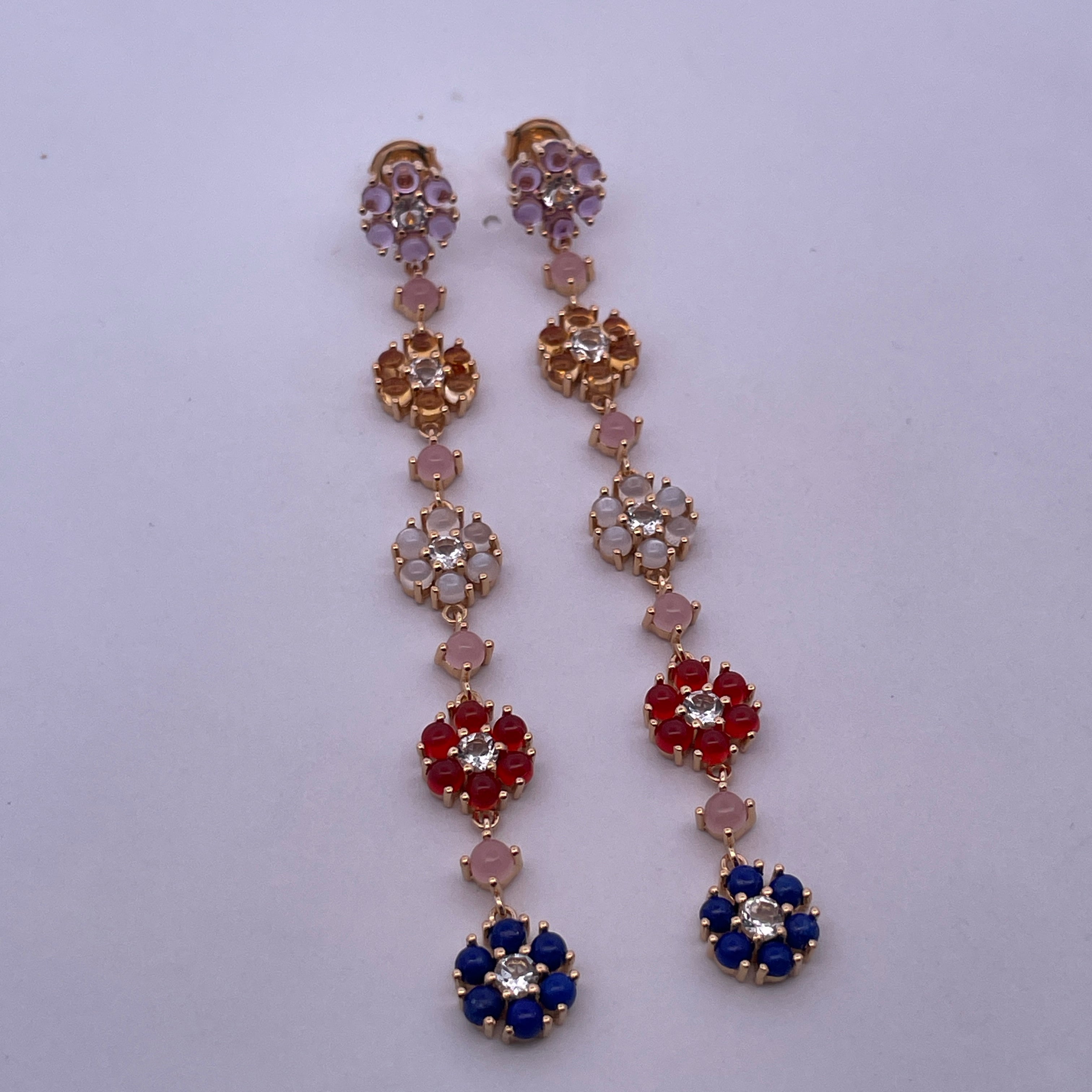 925YG DROP FIVE FLOWER 8MM AMETHYST CITRINE MOOSTONE ONYX RED LAPIS EARRINGS