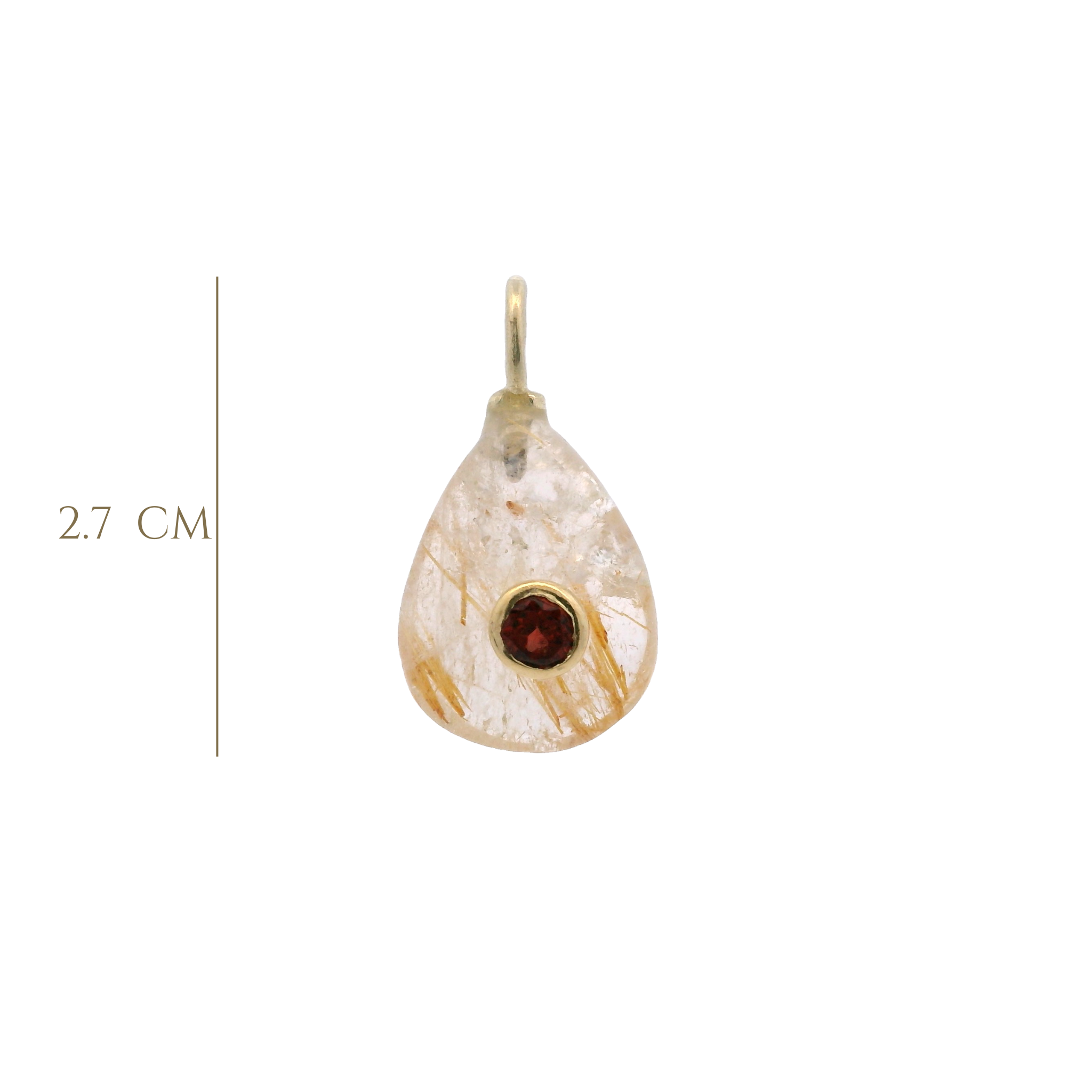 925YG DROP QUARTZ RUTILE CENTER GARNET CHARM