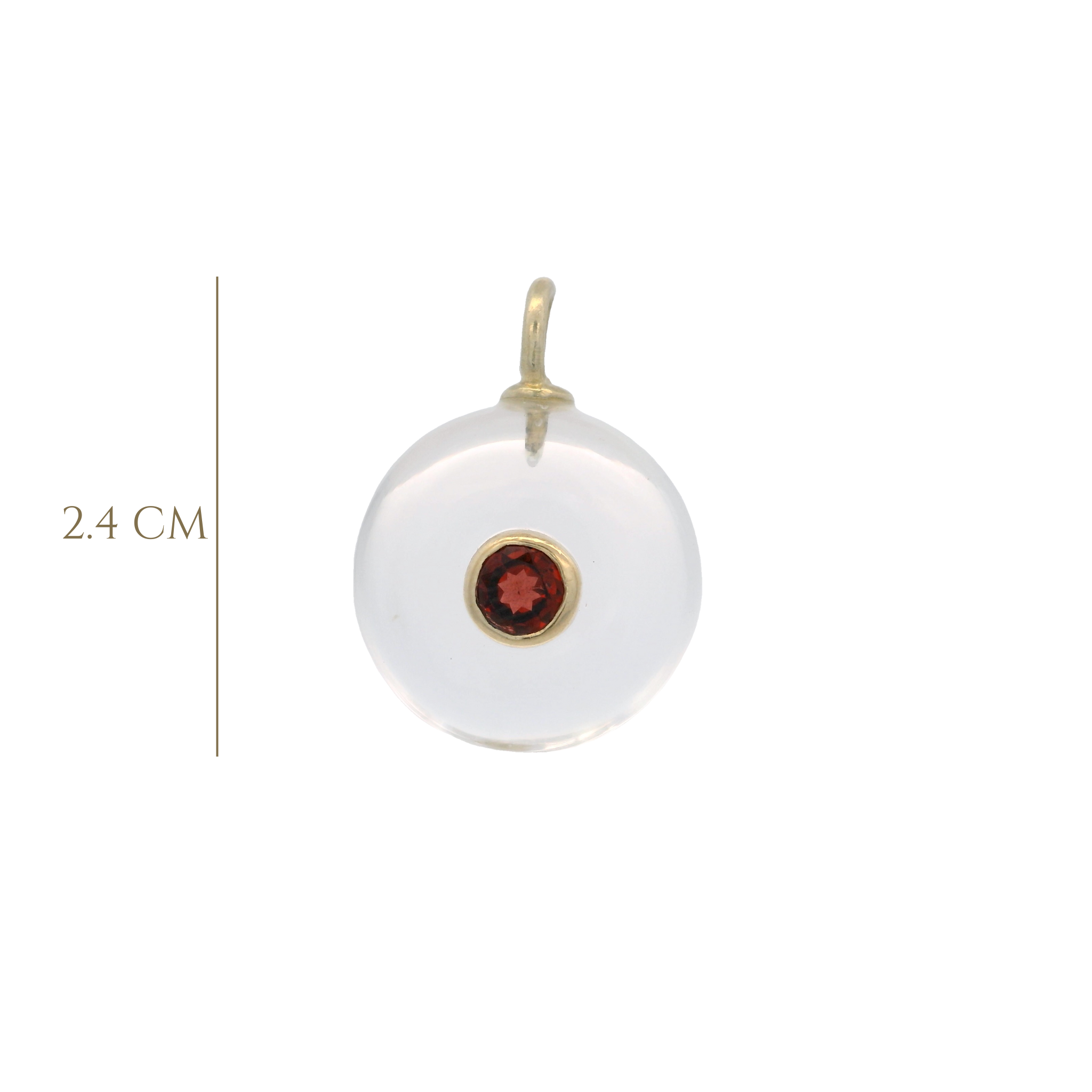 925YG ROUND CUT ROCK CRYSTAL CENTER GARNET CHARM