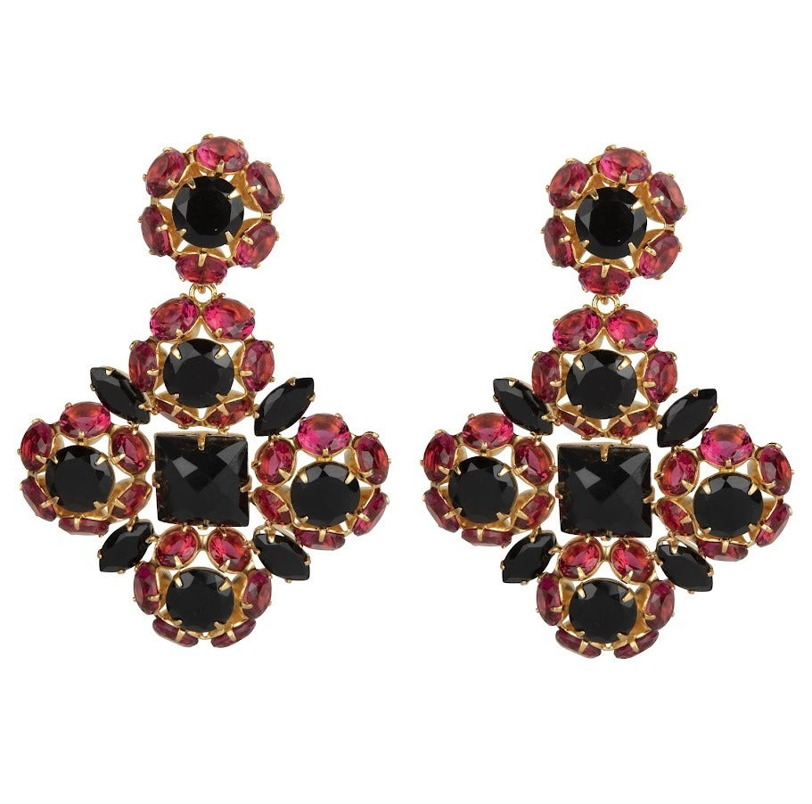 EARRINGS METAL FLOWERS SET WITH FUCHSIA CZ AND BLACK ONYX