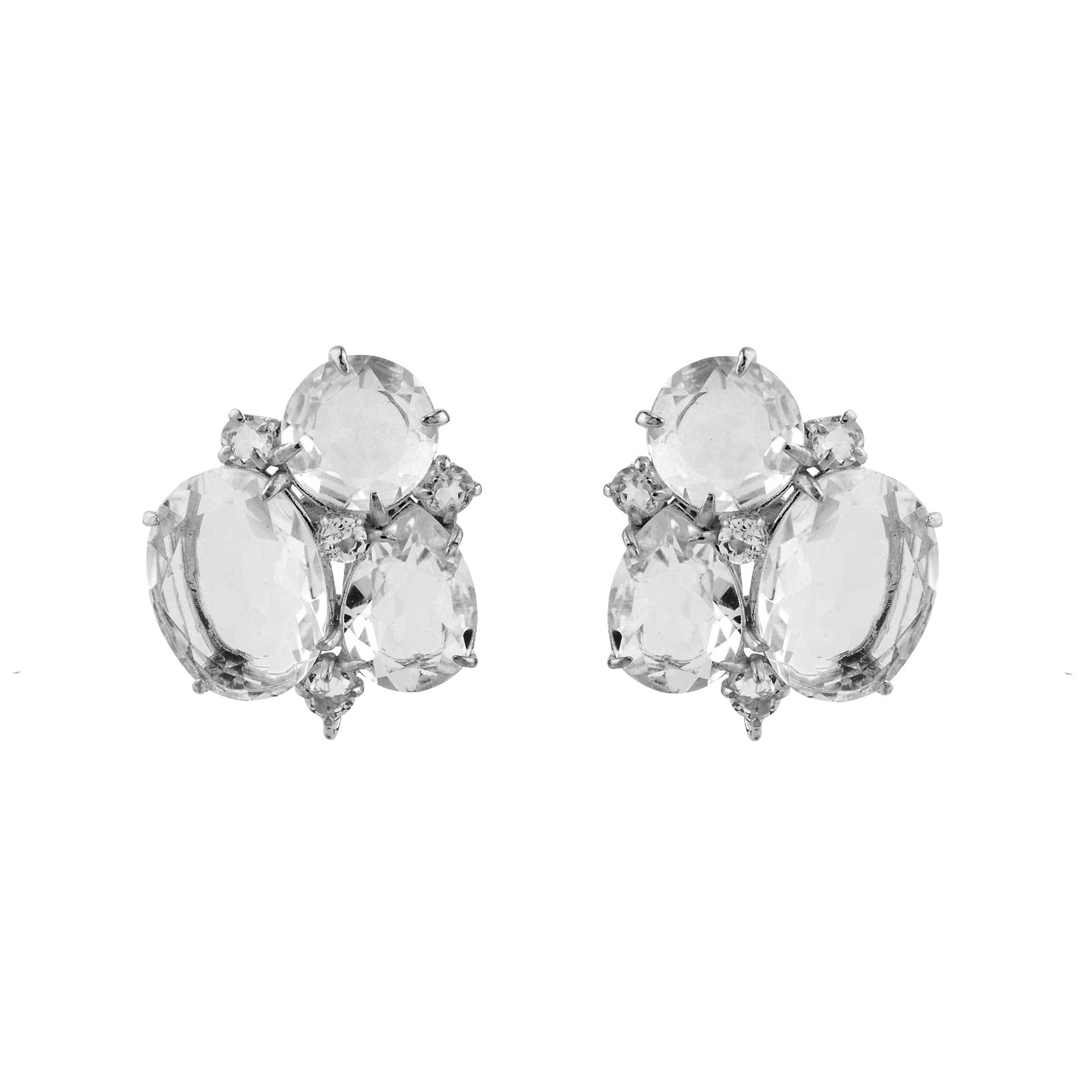 EARRINGS CLUSTER OF MULTI SHAPES OF CLEAR QUARTZ SET WITH RHODIUM PLATED