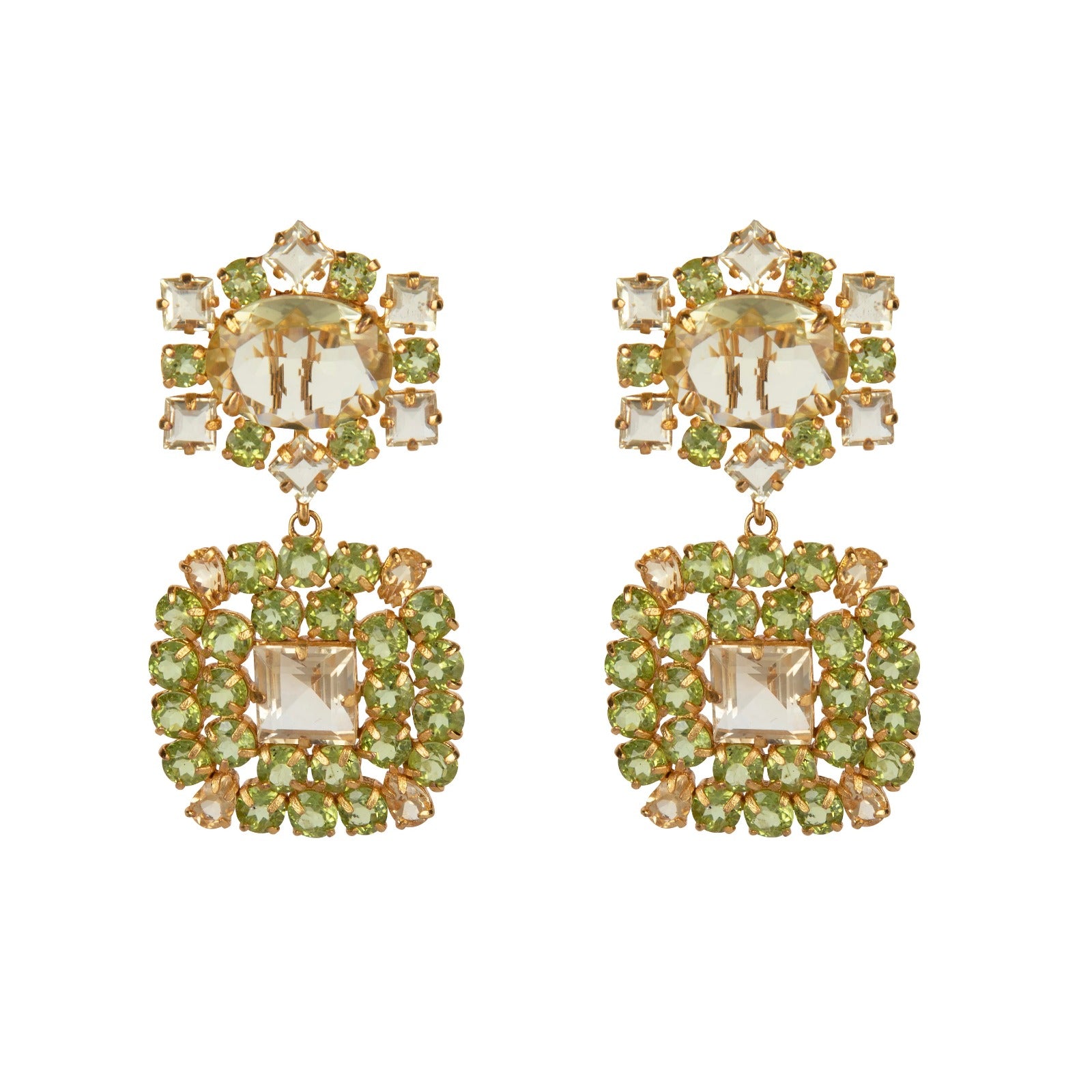 EARRINGS CLUSTER OF CLEAR QUARTZ AND PERIDOT SQUARE DROP
