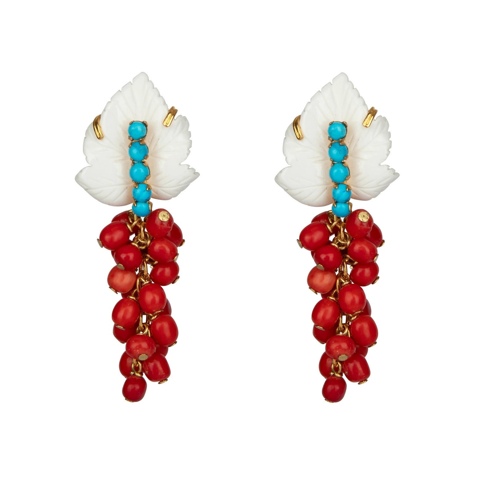 EARRINGS WHITE AGATE LEAF TURQUOISE CENTER AND CORAL BEADS VIGNE