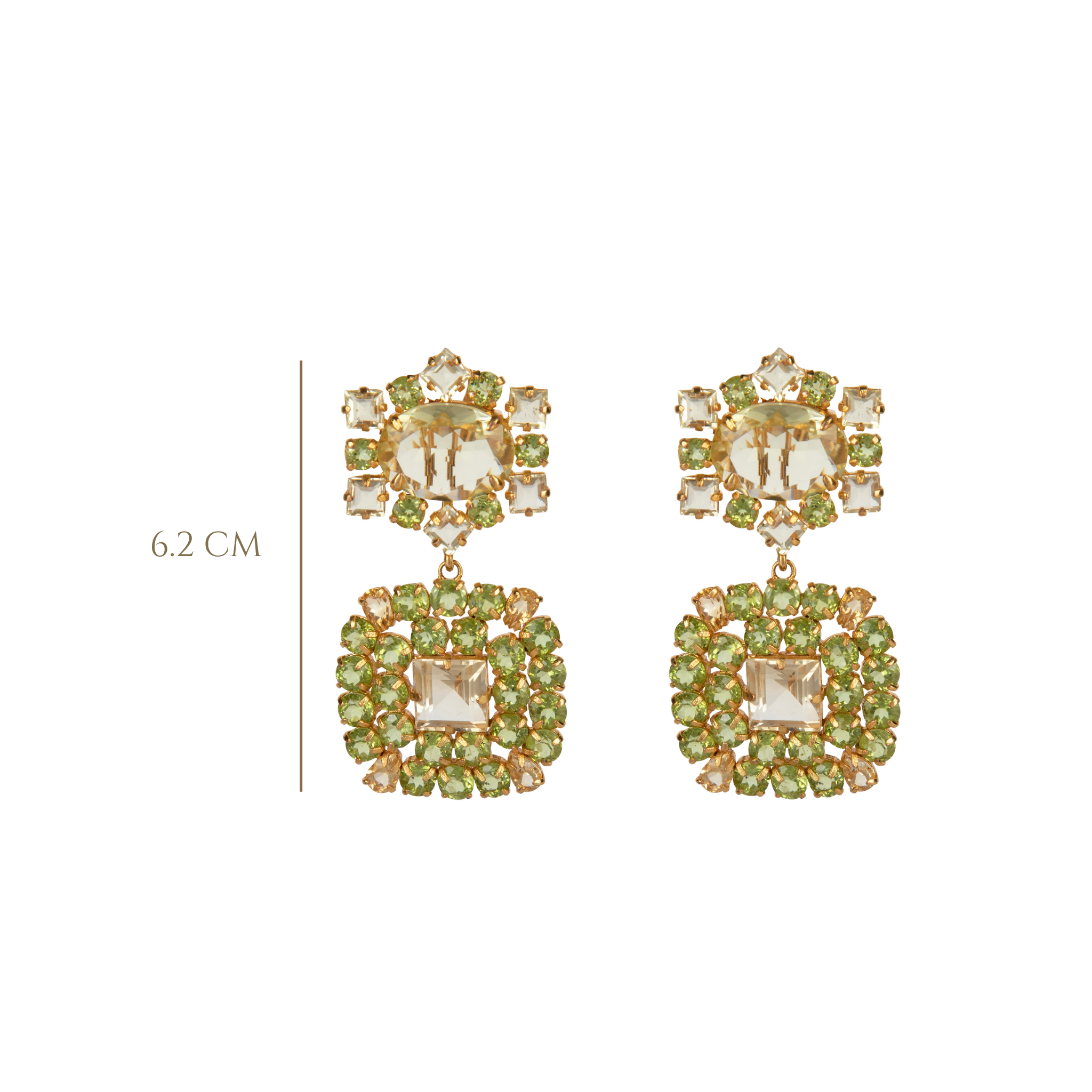 EARRINGS CLUSTER OF CLEAR QUARTZ AND PERIDOT SQUARE DROP