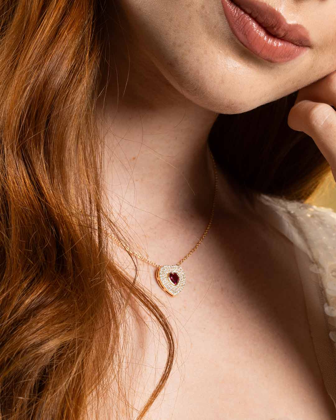 925GD HEART PAVE WITH HEART PINKISH RED CZ NECKLACE - C'SANTOS