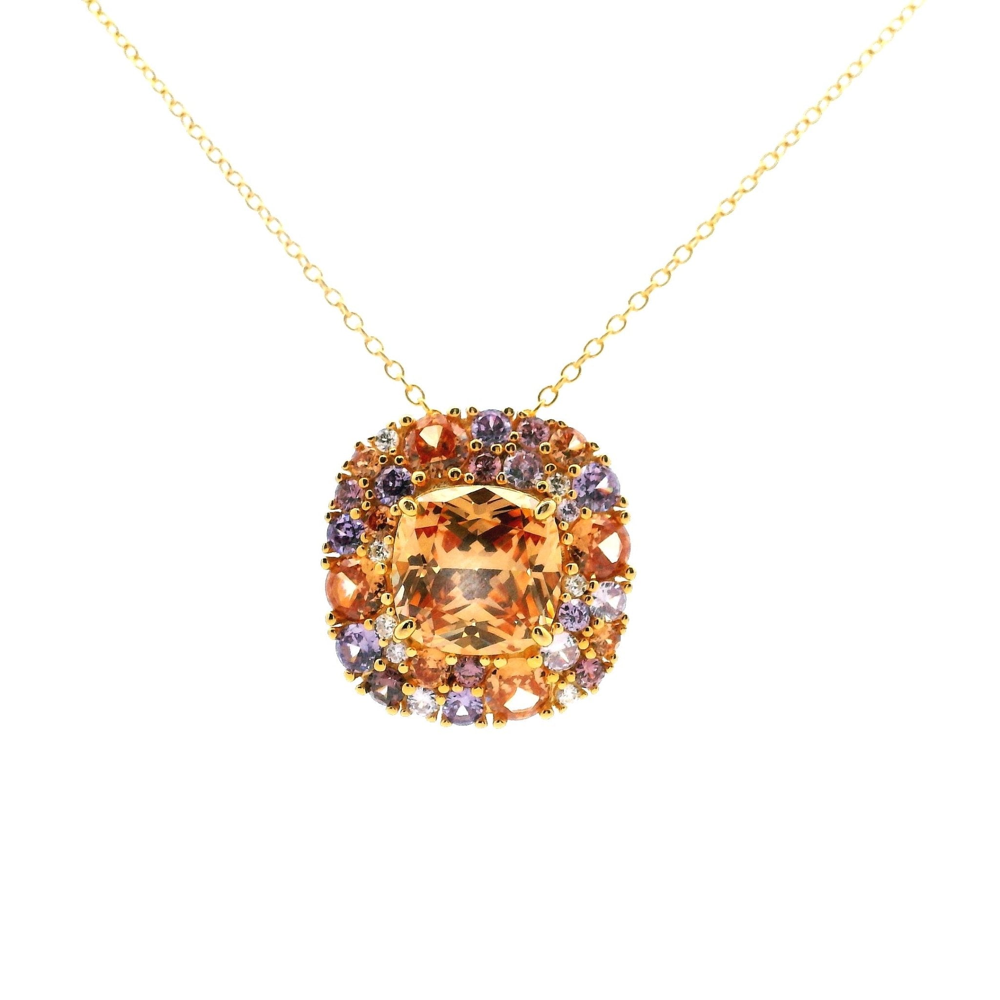 925GD SQUARE CHAMPAGE WITH CLUSTER MULTICOLOR CZ NECKLACE - C'SANTOS