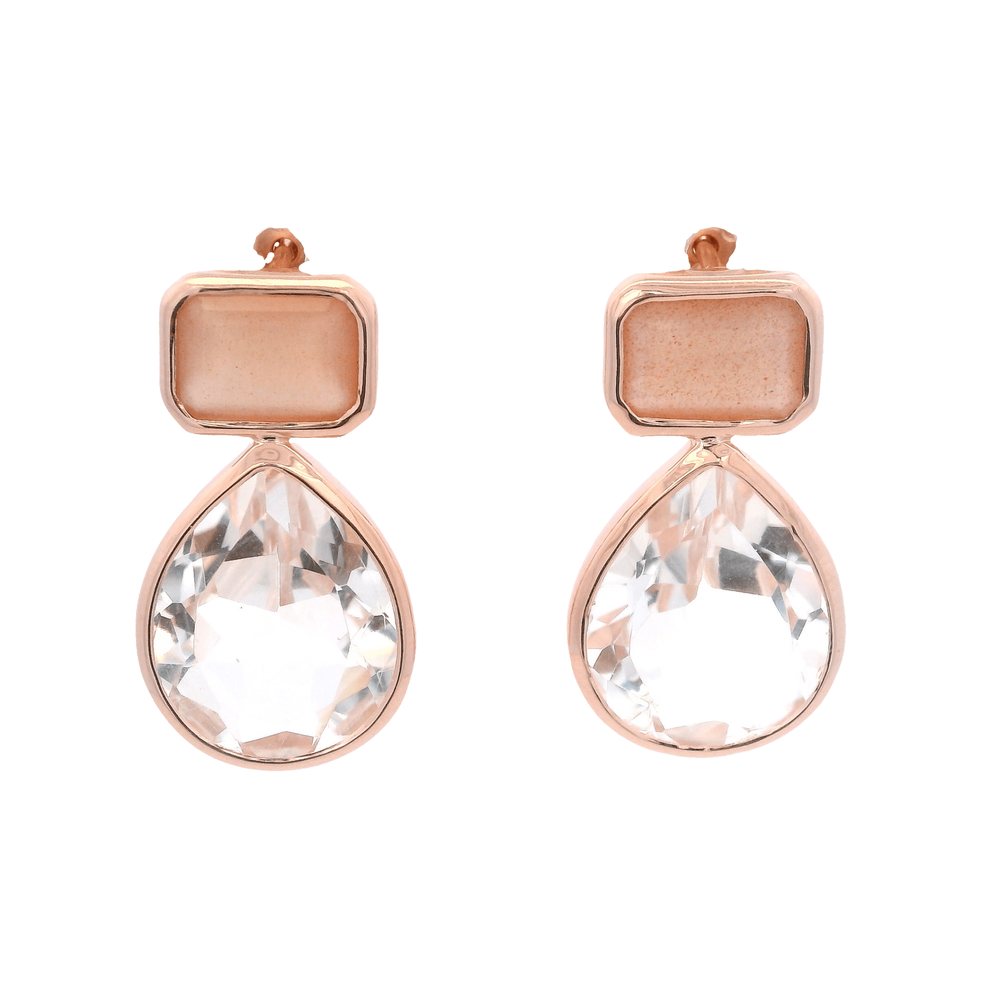 925RG BAGUETE MOOSTONE PEACH DROP ROCK CRYSTAL EARRINGS - C'SANTOS