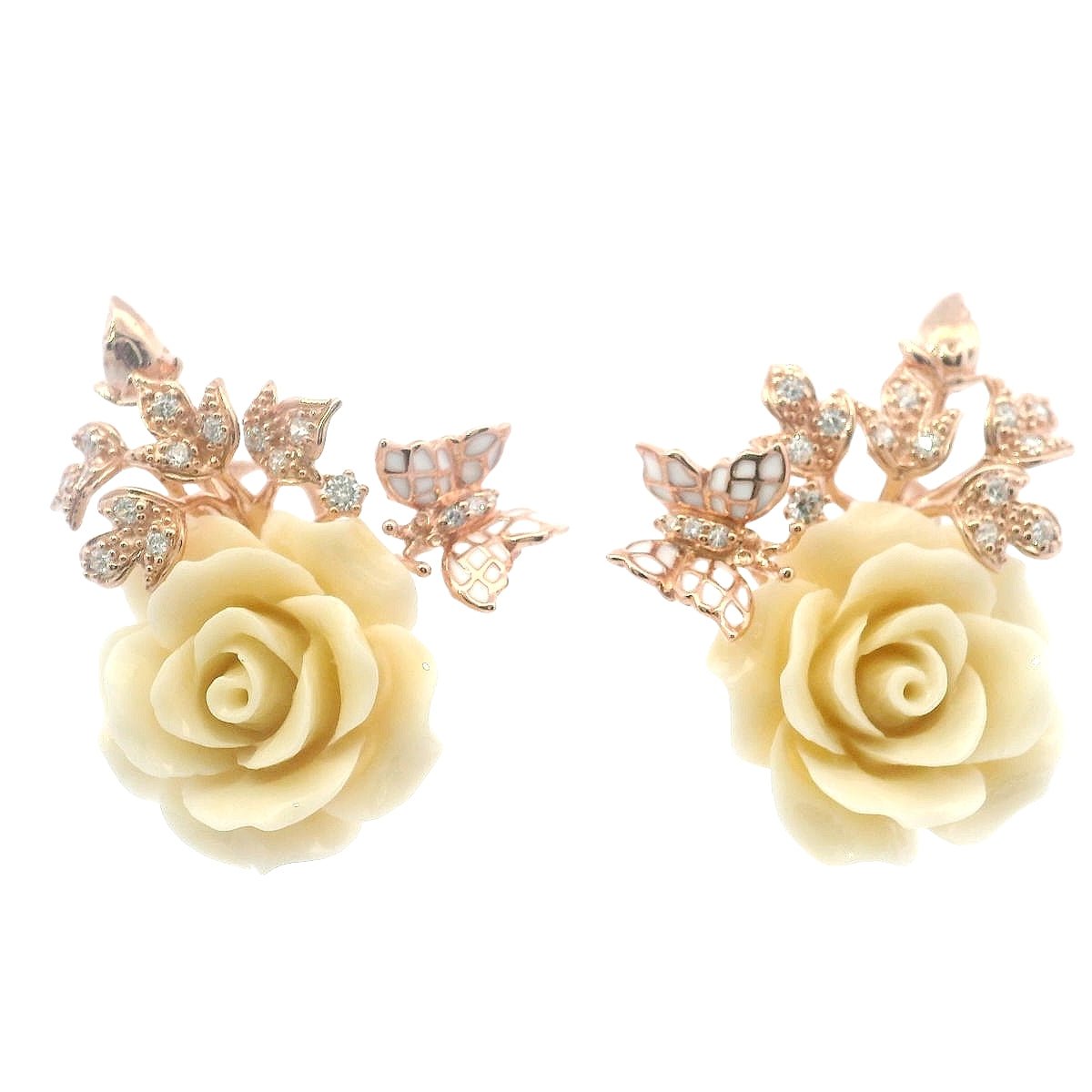925RG BIG FLOWER WHITE WITH BUTTERLY ENAMEL WHITE EARRINGS - C'SANTOS