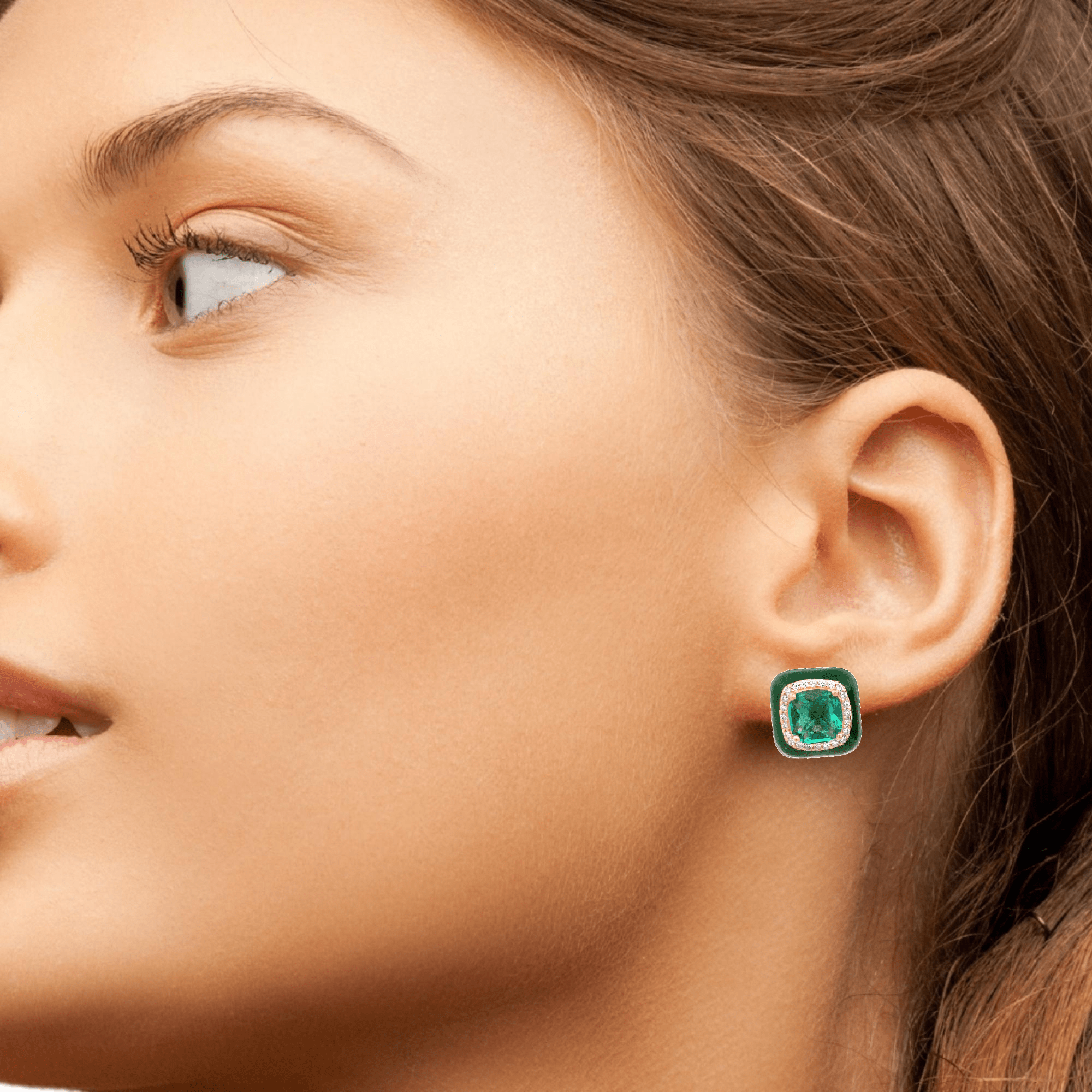 925RG BIG SQUARE GREEN CZ ENAMEL GREEN EARRINGS - C'SANTOS