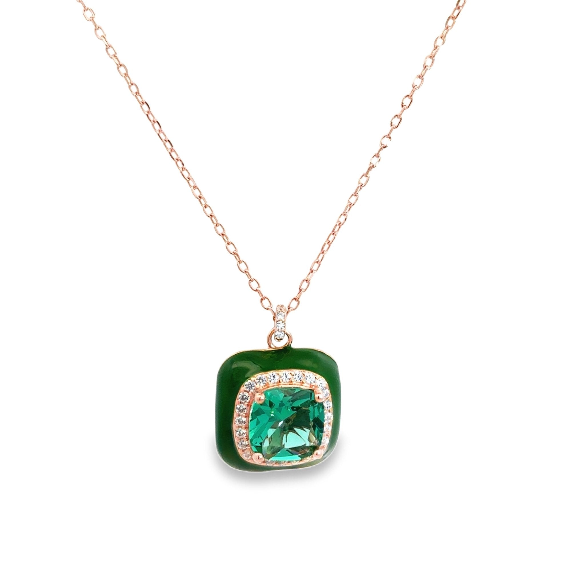 925RG BIG SQUARE GREEN CZ ENAMEL GREEN NECKLACE - C'SANTOS