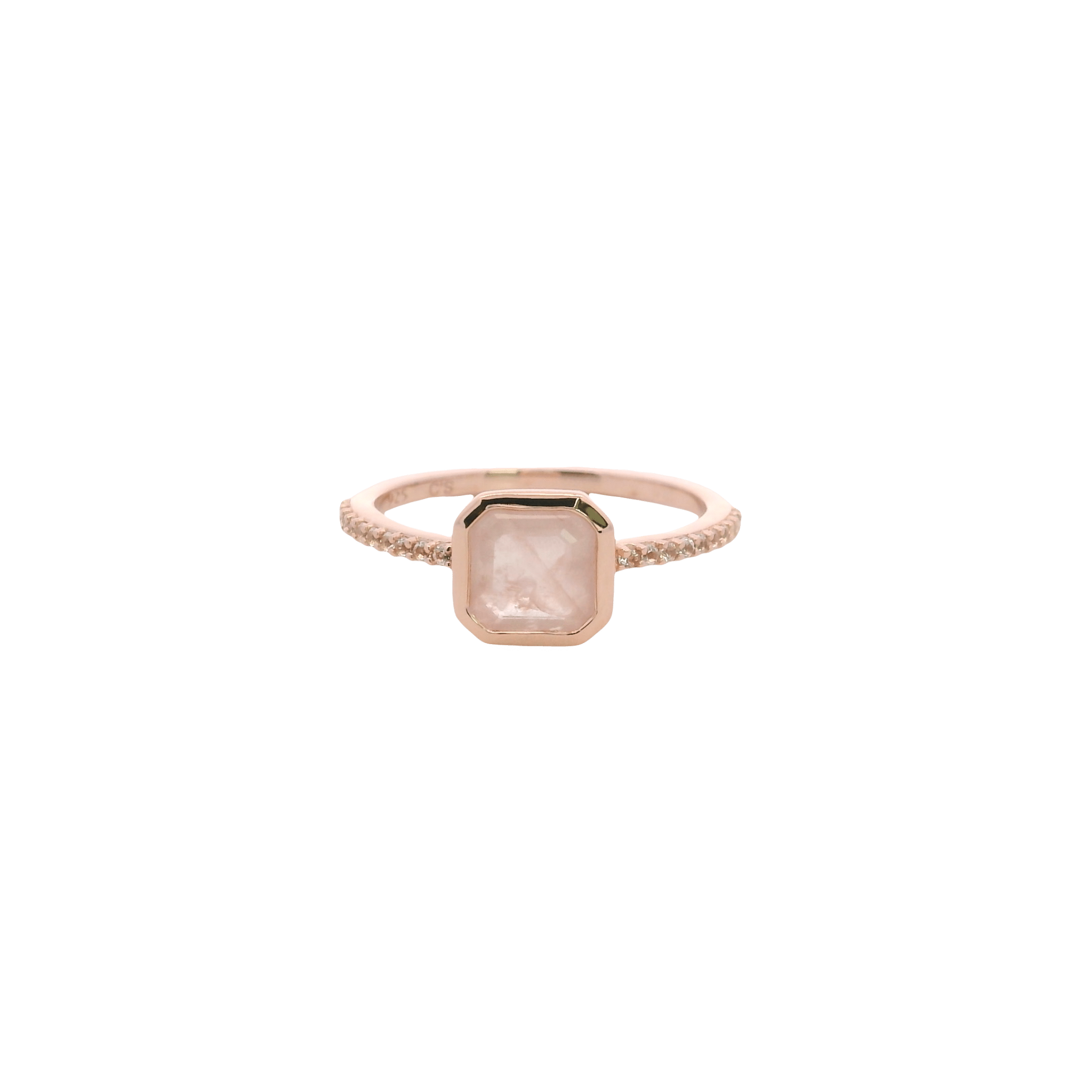 925RG CUSHION BEZEL ROSE QUARTZ OPAQUE AROUND TOPAZ WHITE RING T6.5 - C'SANTOS