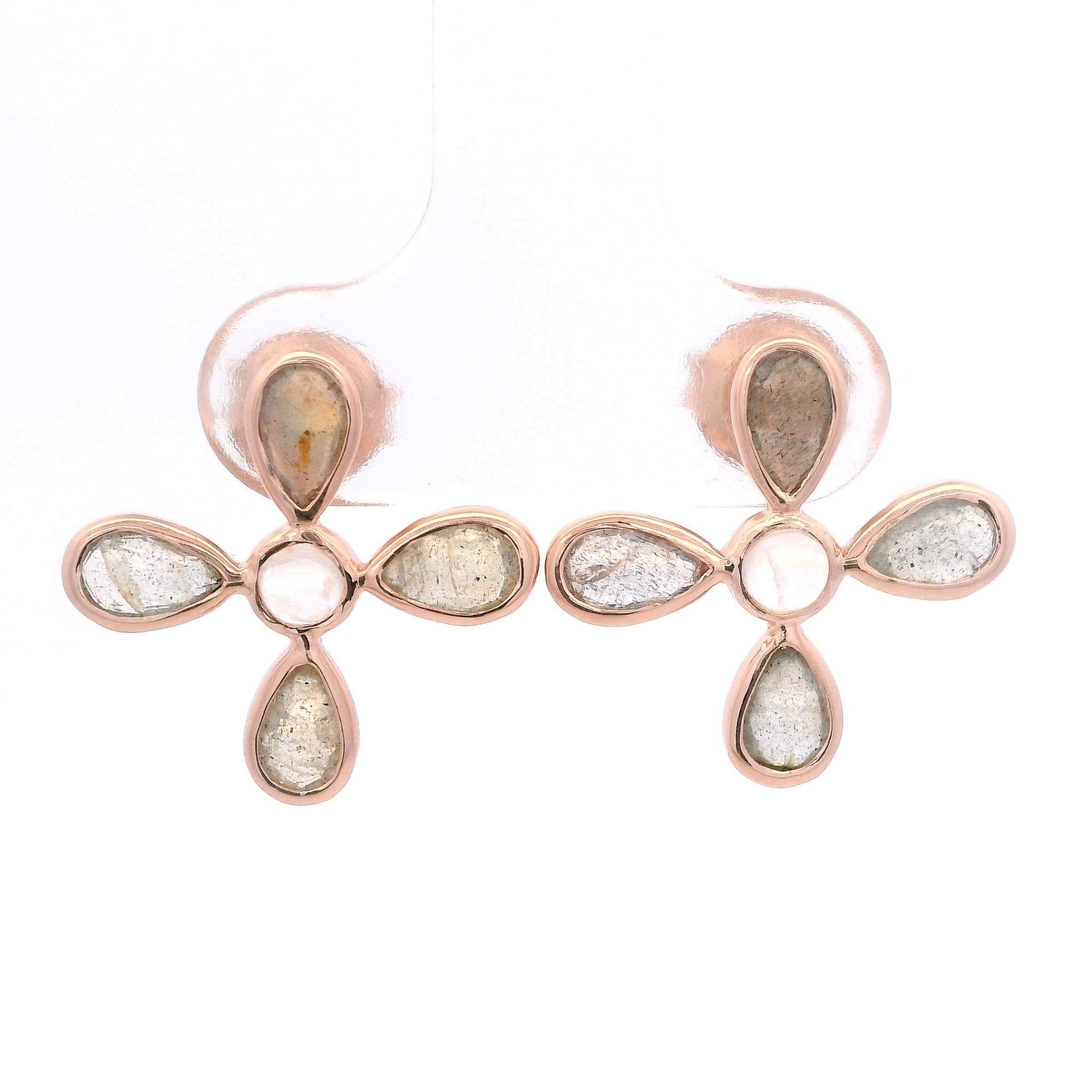 925RG FLOWER LABRADORITE CENTER MOOSTONE EARRINGS - C'SANTOS