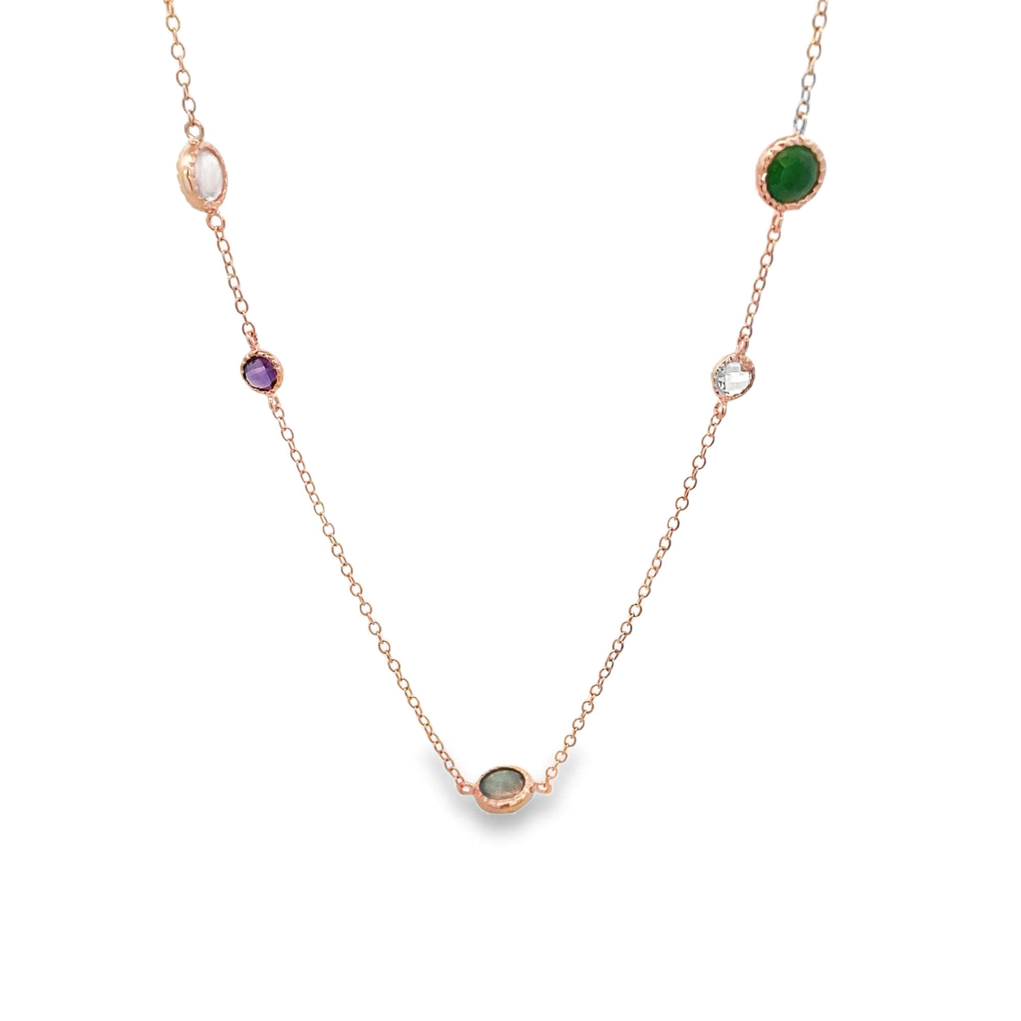 925RG MULTI BEZEL GARNET ROSE QUARTZ OPAQUE LABRODORITE MIX FIRE NECKLACE - C'SANTOS