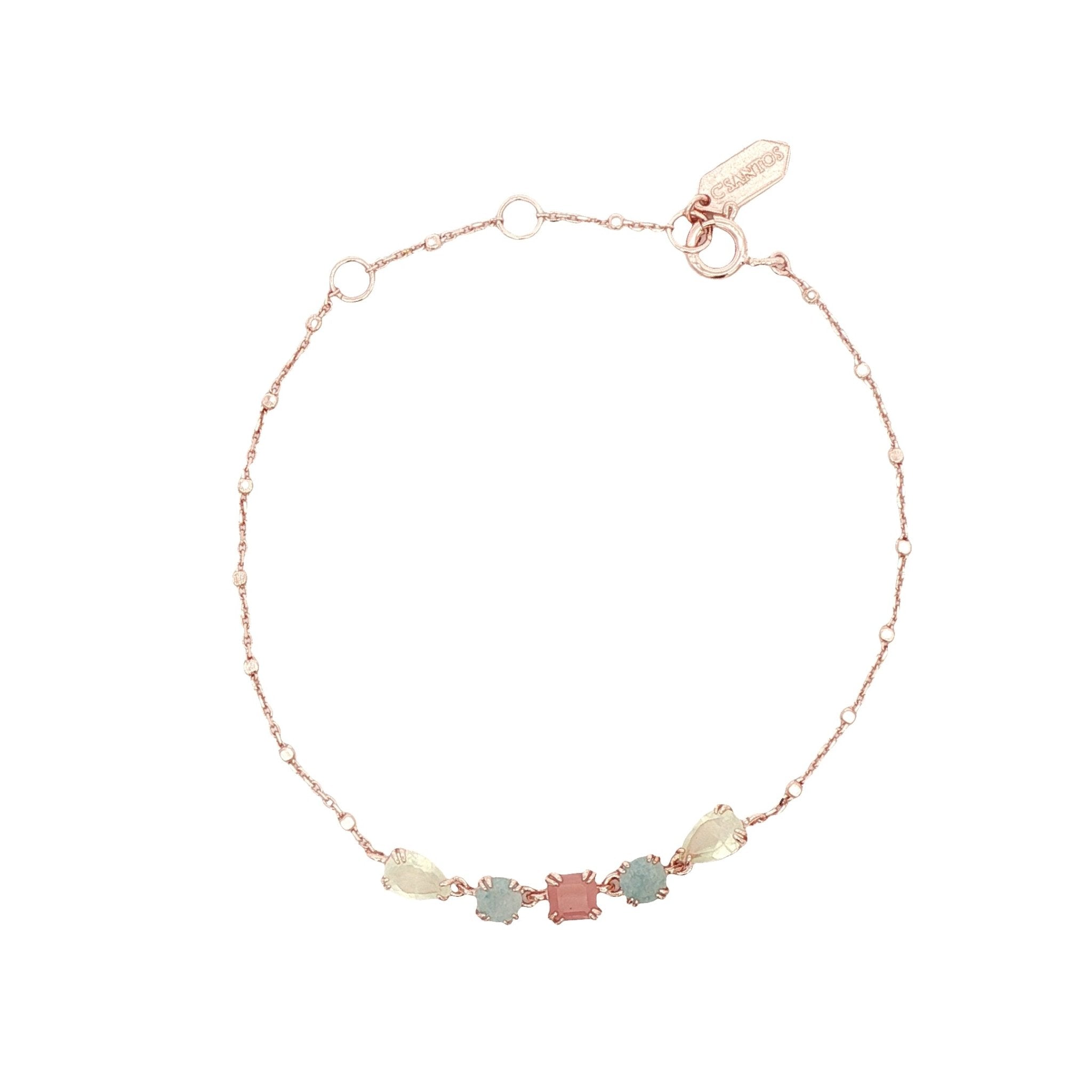 925RG MULTI SHAPE PINK QUARTZ AQUA QUARTZ PREHNITE BRACELET - C'SANTOS