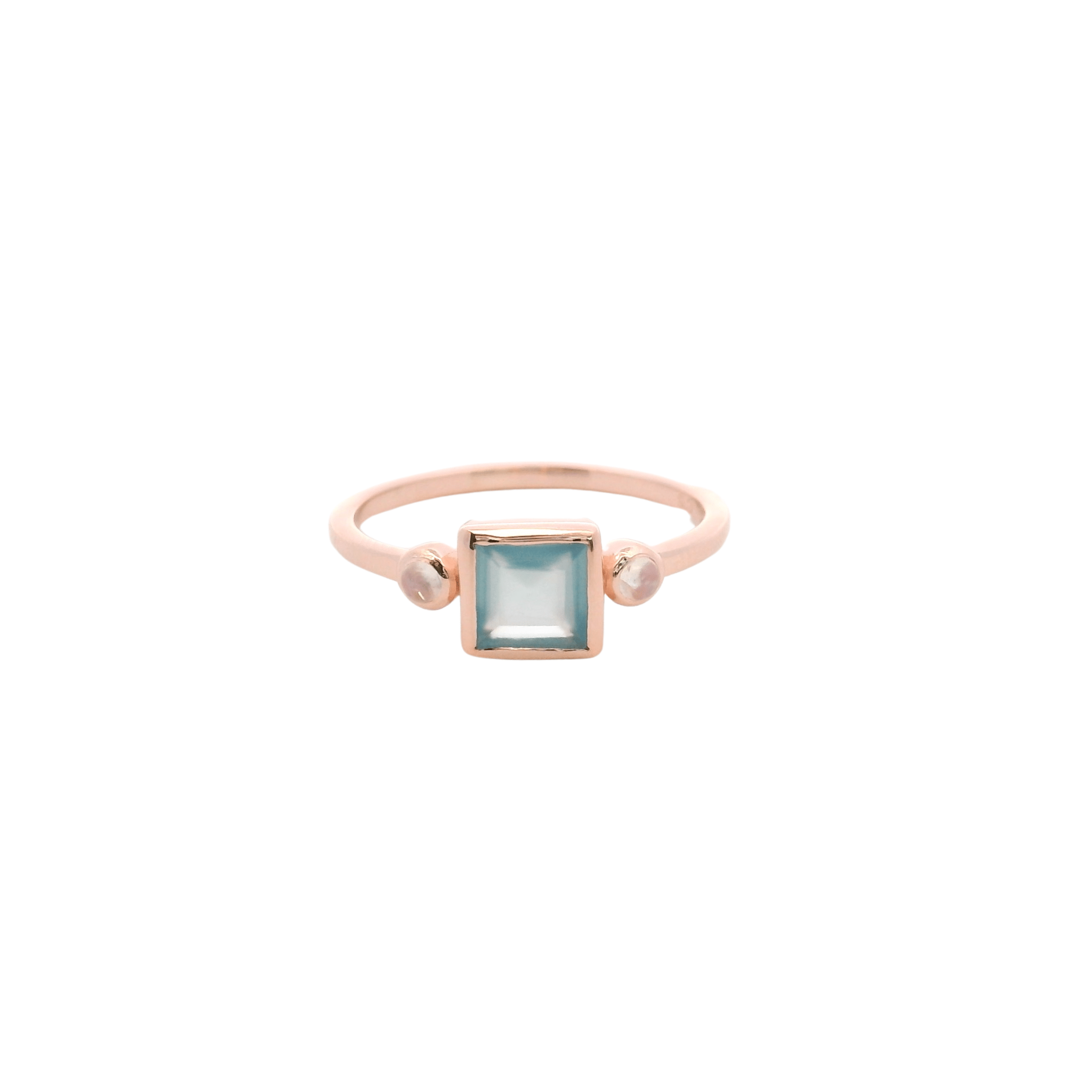 925RG SQUARE BEZEL CHALCEDONY BLUE WITH TWO STONE MOOSTONE RING T6.5 - C'SANTOS
