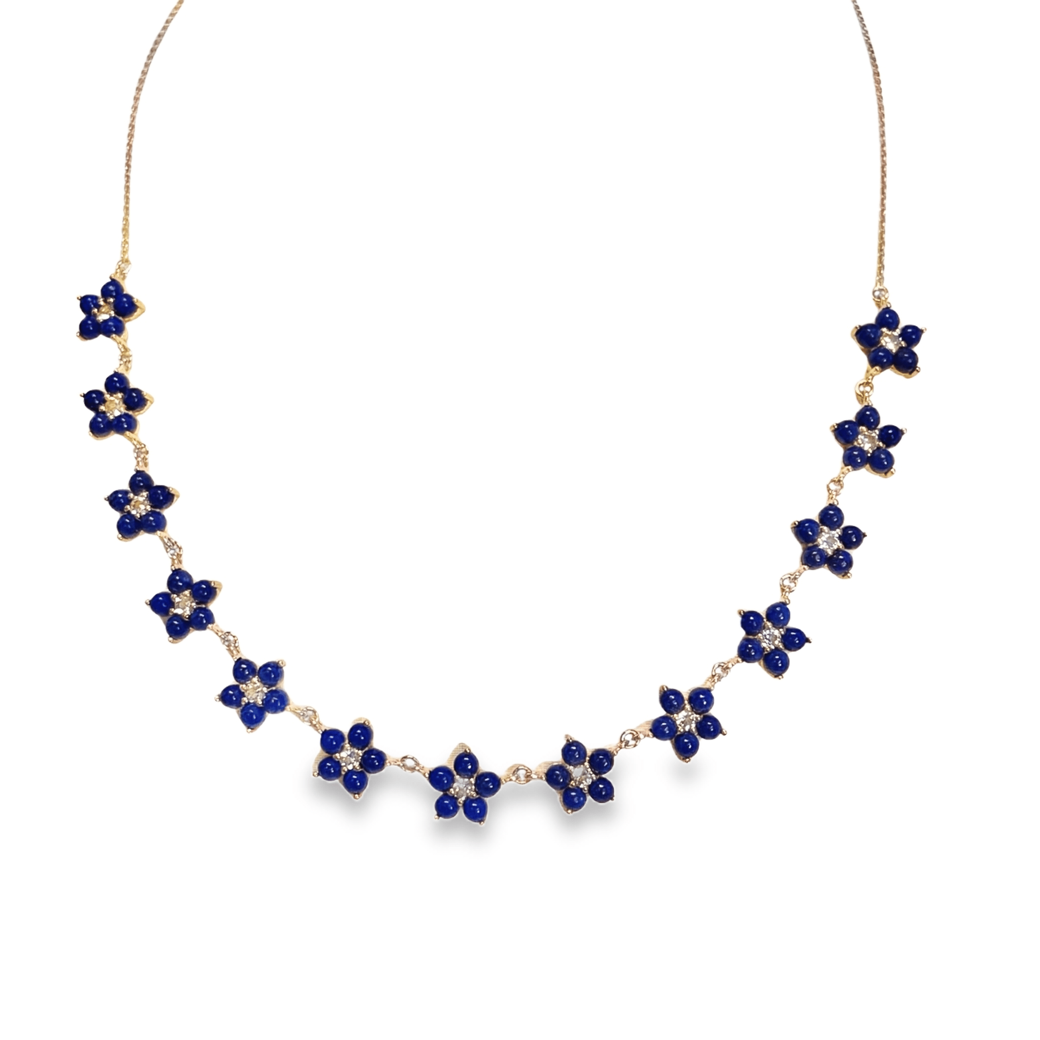 925RG STATION FLOWER 10MM LAPIS LAZULI CENTER TOPAZ WHITE NECKLACE - C'SANTOS