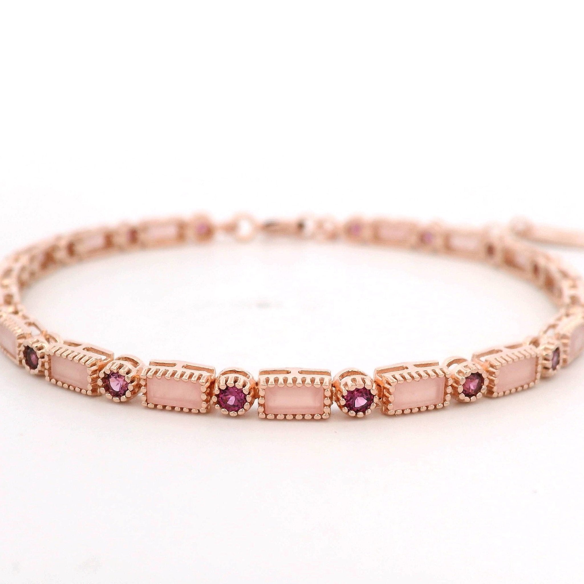 925RG TENNIS BAGUETTE PINK QUARTZ BEZEL GARNET BRACELET - C'SANTOS
