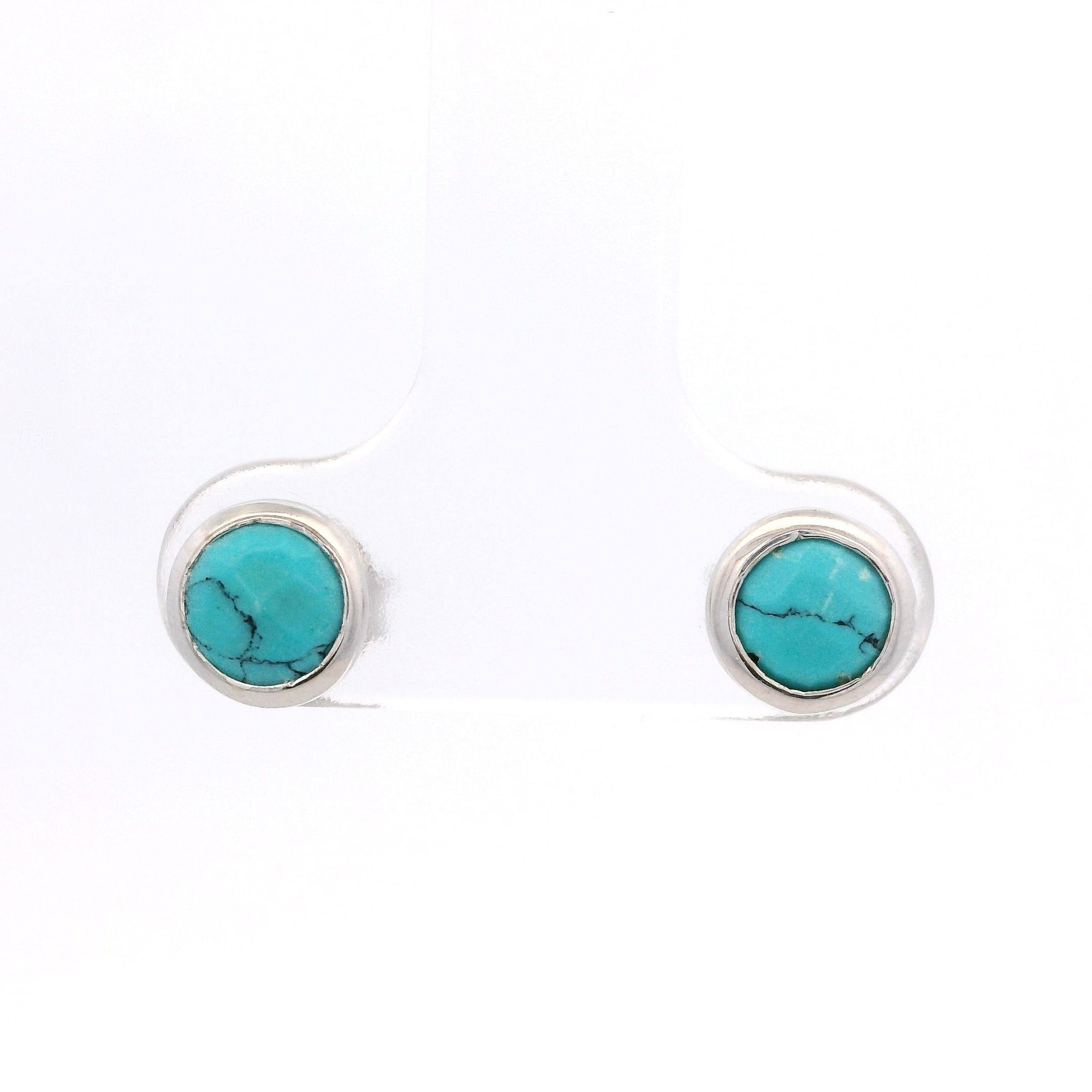 925SL BEZEL TURQUOISE SYN SOLITARY EARRINGS - C'SANTOS