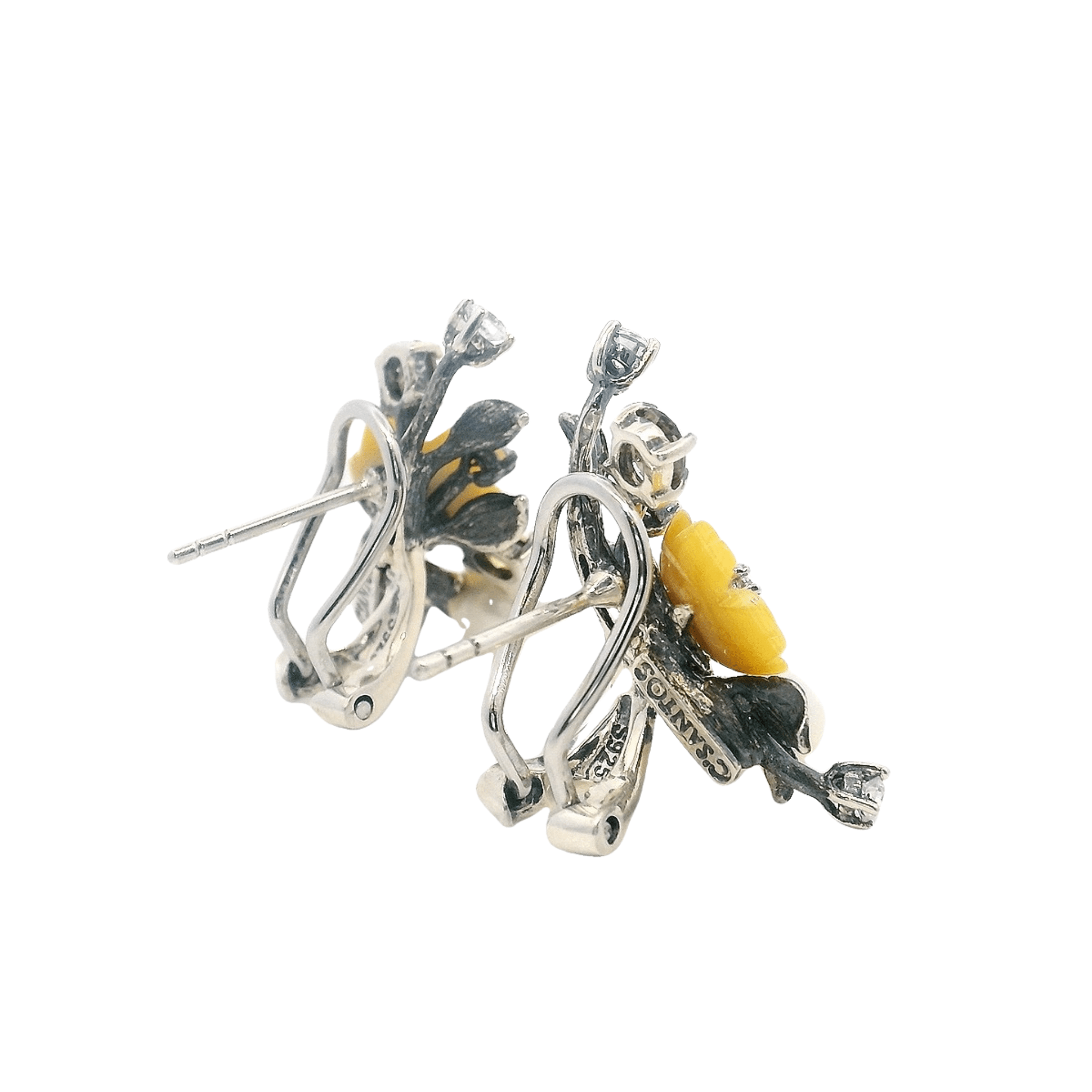 925SL BRANCH FLOWER YELLOW WITH PERL EARRINGS - C'SANTOS