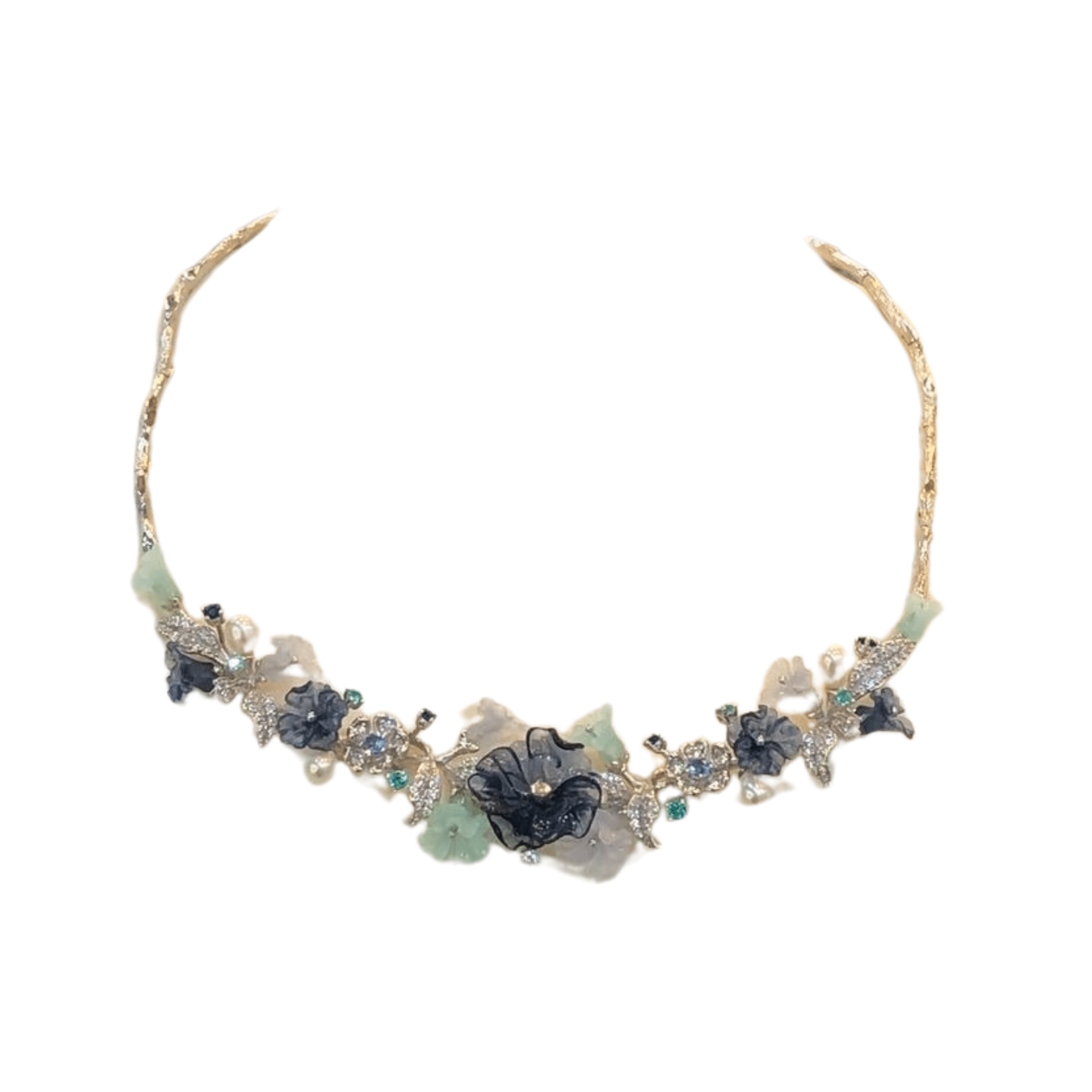 925SL CARVED ACRYLIC BLUE FLOWER TRANSLUCENT AND PEARL NECKLACE - C'SANTOS