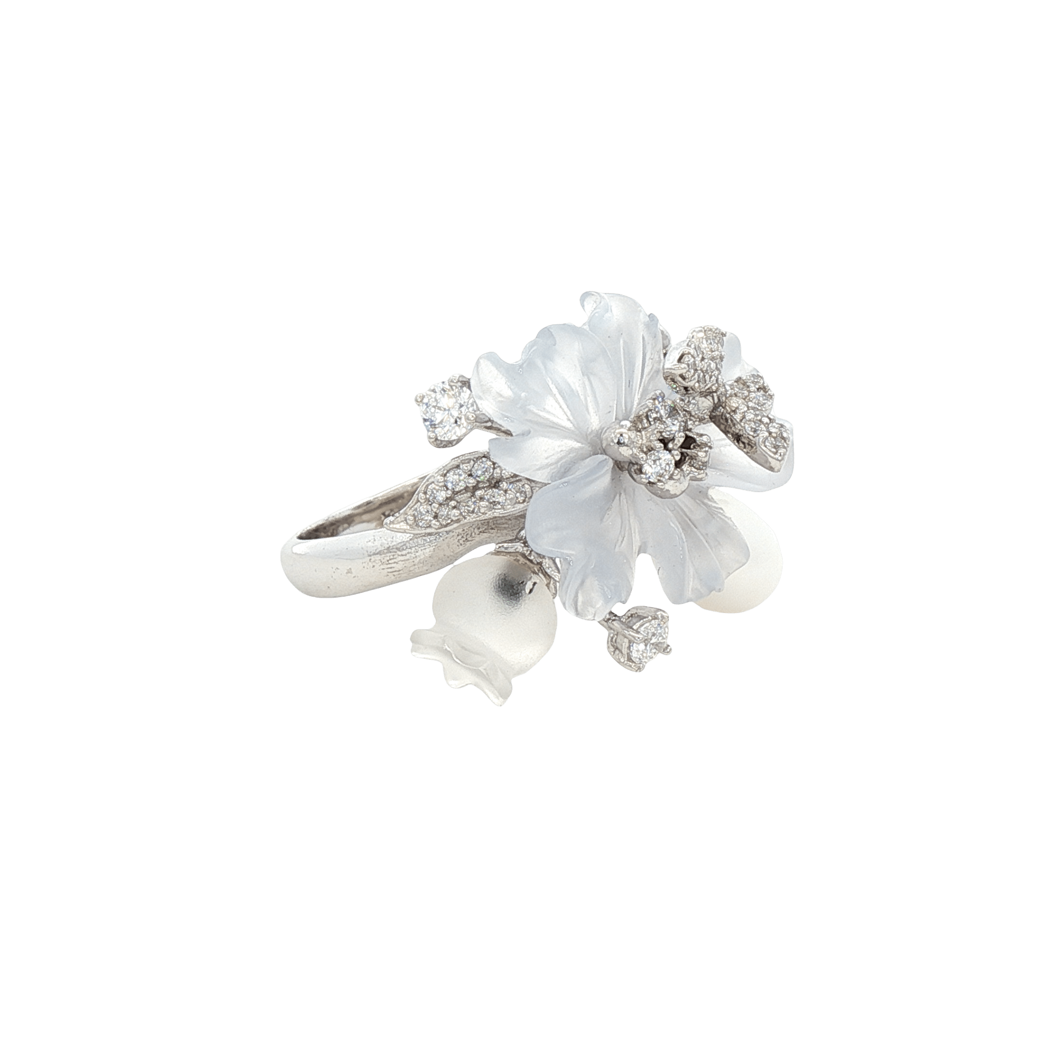 925SL CARVED ACRYLIC WHITE FLOWER TRANSLUCENT AND BUTTERFLY CZ RING T8 - C'SANTOS