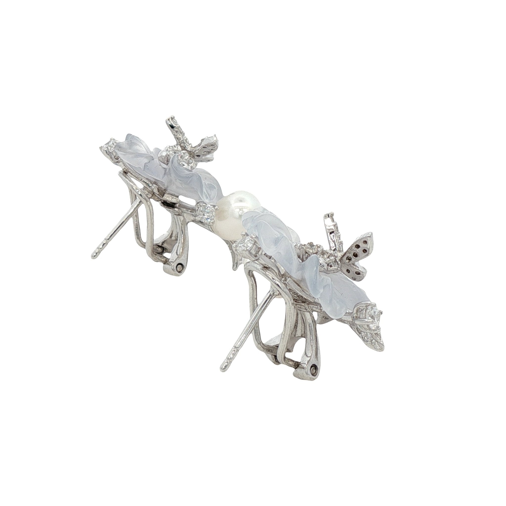 925SL CARVED FLOWER BLUE CHALCEDONY AND BUTTERFLY PAVE CZ EARRINGS - C'SANTOS