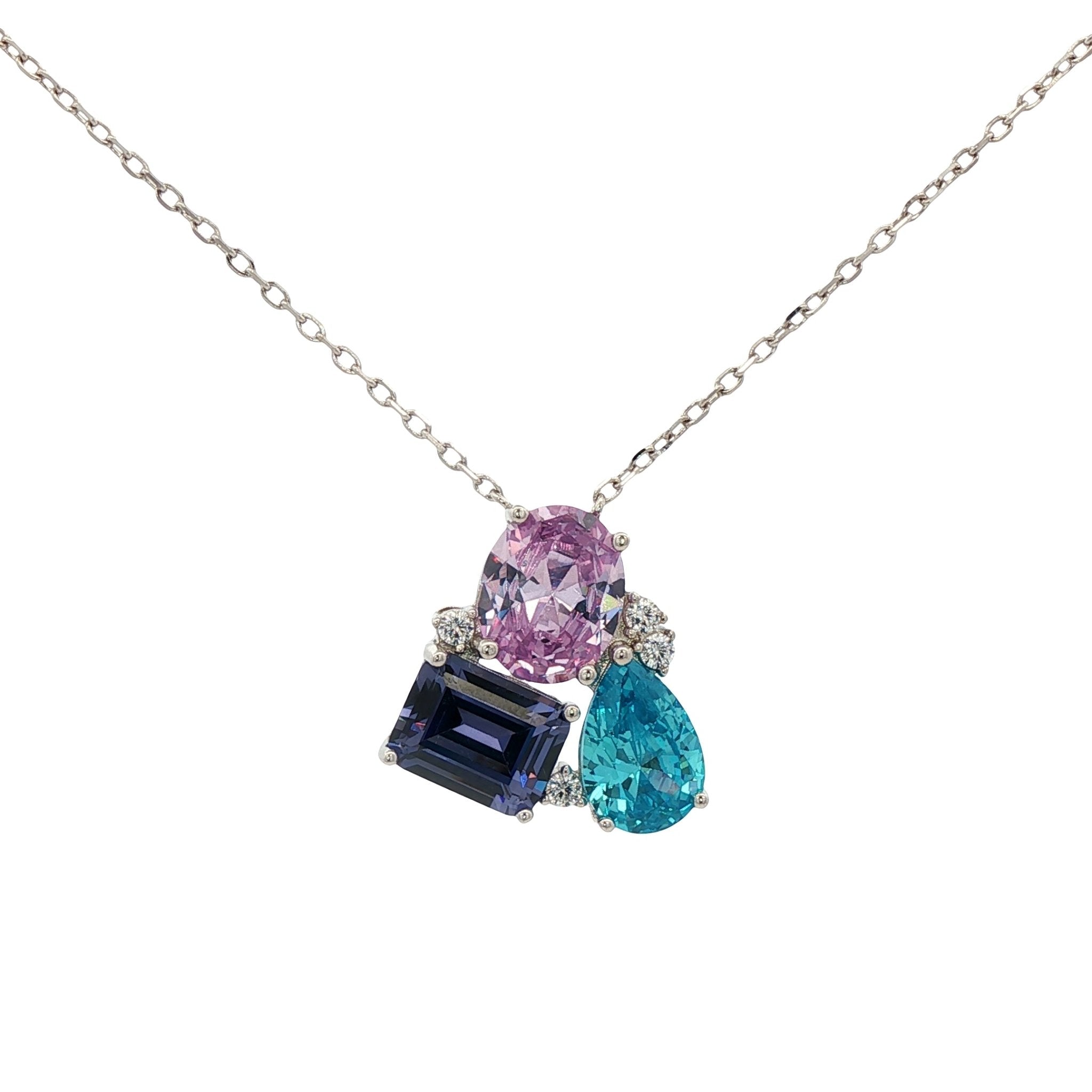 925SL CLUSTER CUSHION TANZANITA OVAL CZ DROP AQUA QUARTZ NECKLACE - C'SANTOS