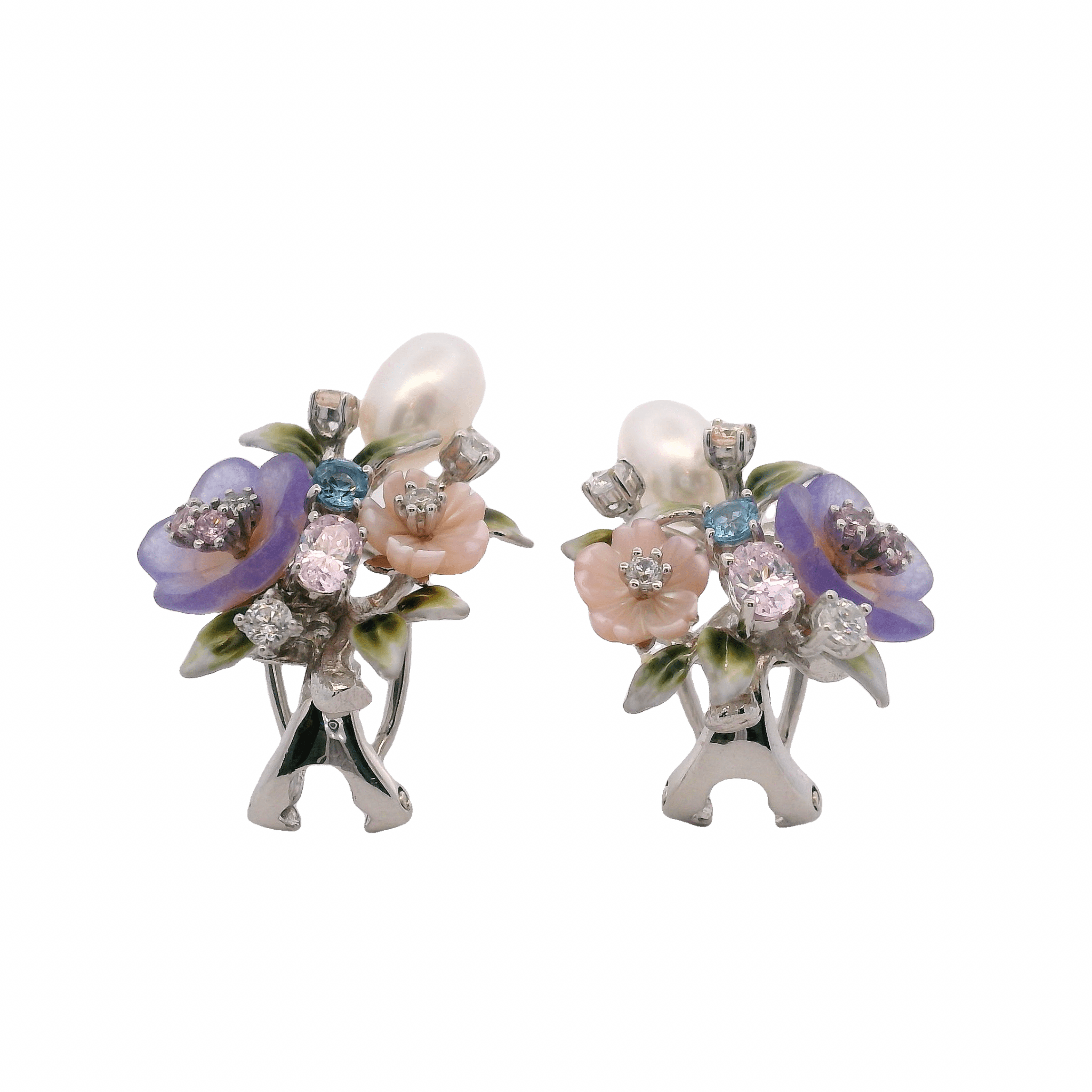 925SL CLUSTER FLOWERS PURPLE AND MIX STONE EARRINGS - C'SANTOS