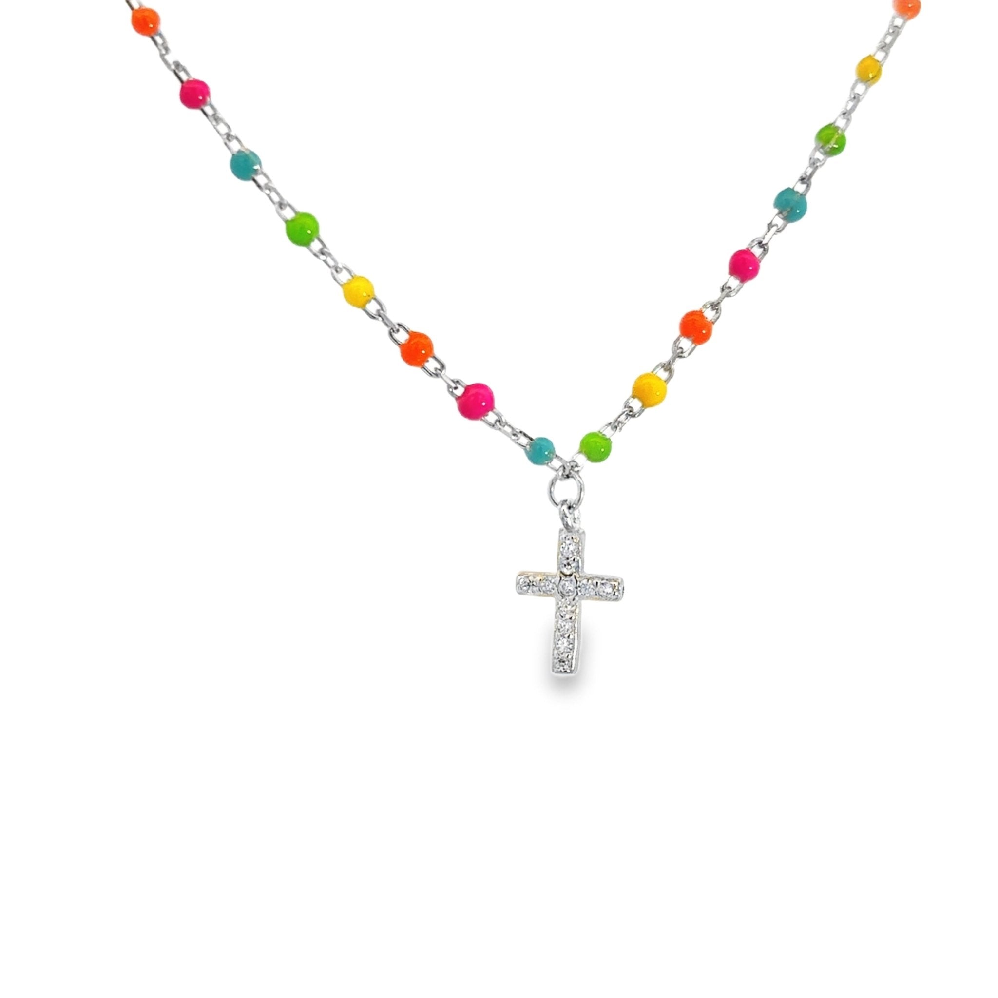 925SL CROSS PAVE CZ AND BEAND ENAMEL MULTICOLOR NECKLACE - C'SANTOS