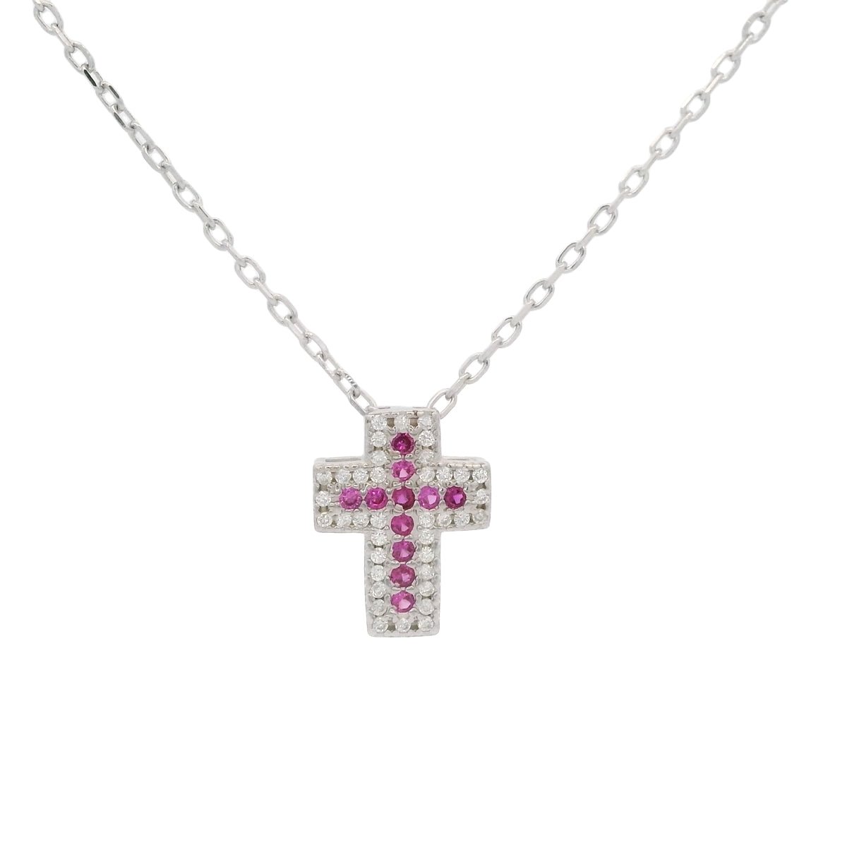 925SL CROSS PAVE MULTICOLOR CZ PINK NECKLACE - C'SANTOS