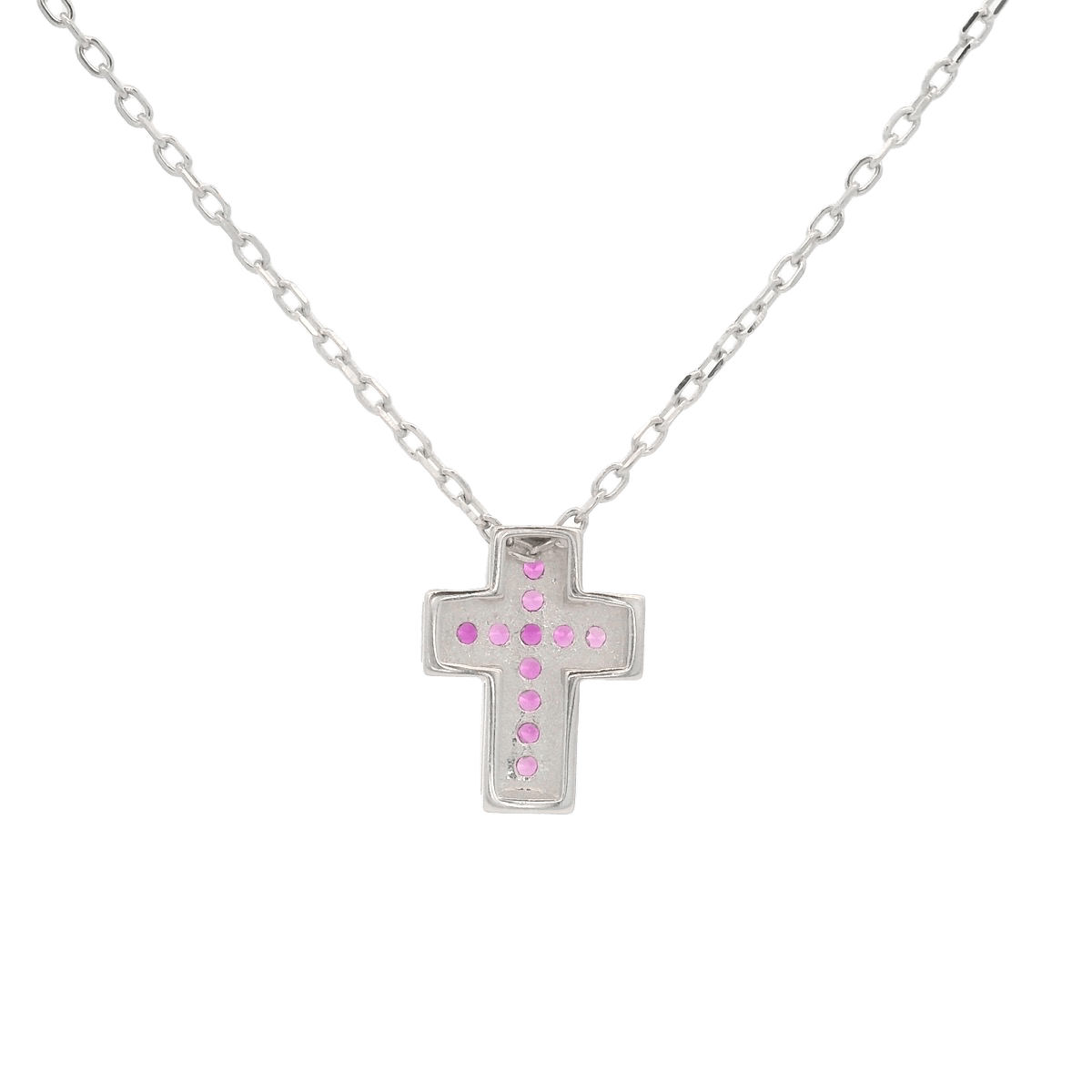 925SL CROSS PAVE MULTICOLOR CZ PINK NECKLACE - C'SANTOS