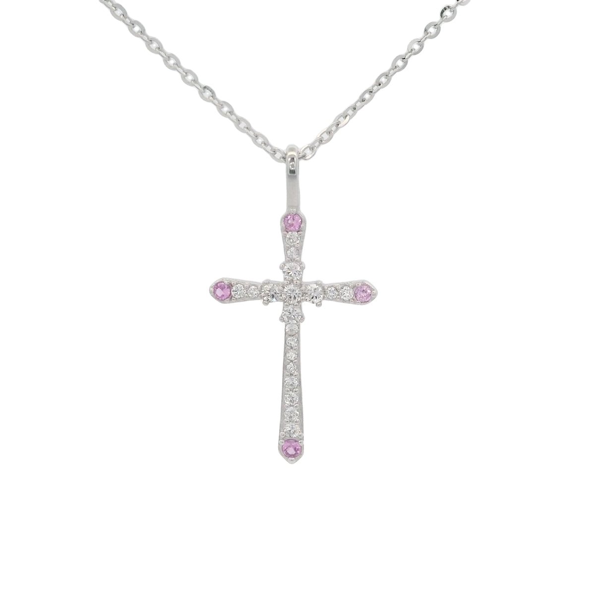 925SL CROSS PAVE WHITE PINK CZ NECKLACE - C'SANTOS