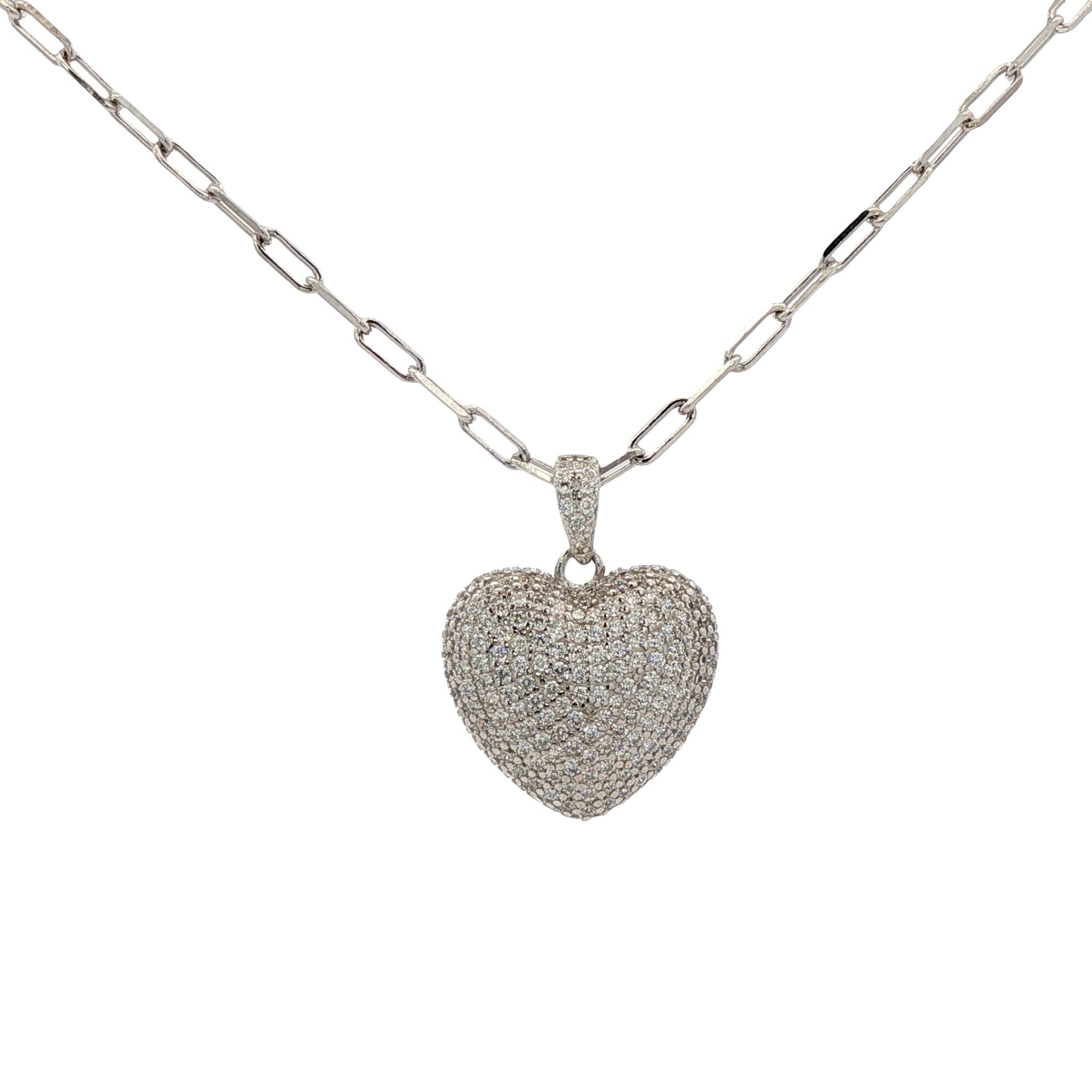 925SL DOME PAVE HEART PAPERCLIP NECKLACE - C'SANTOS
