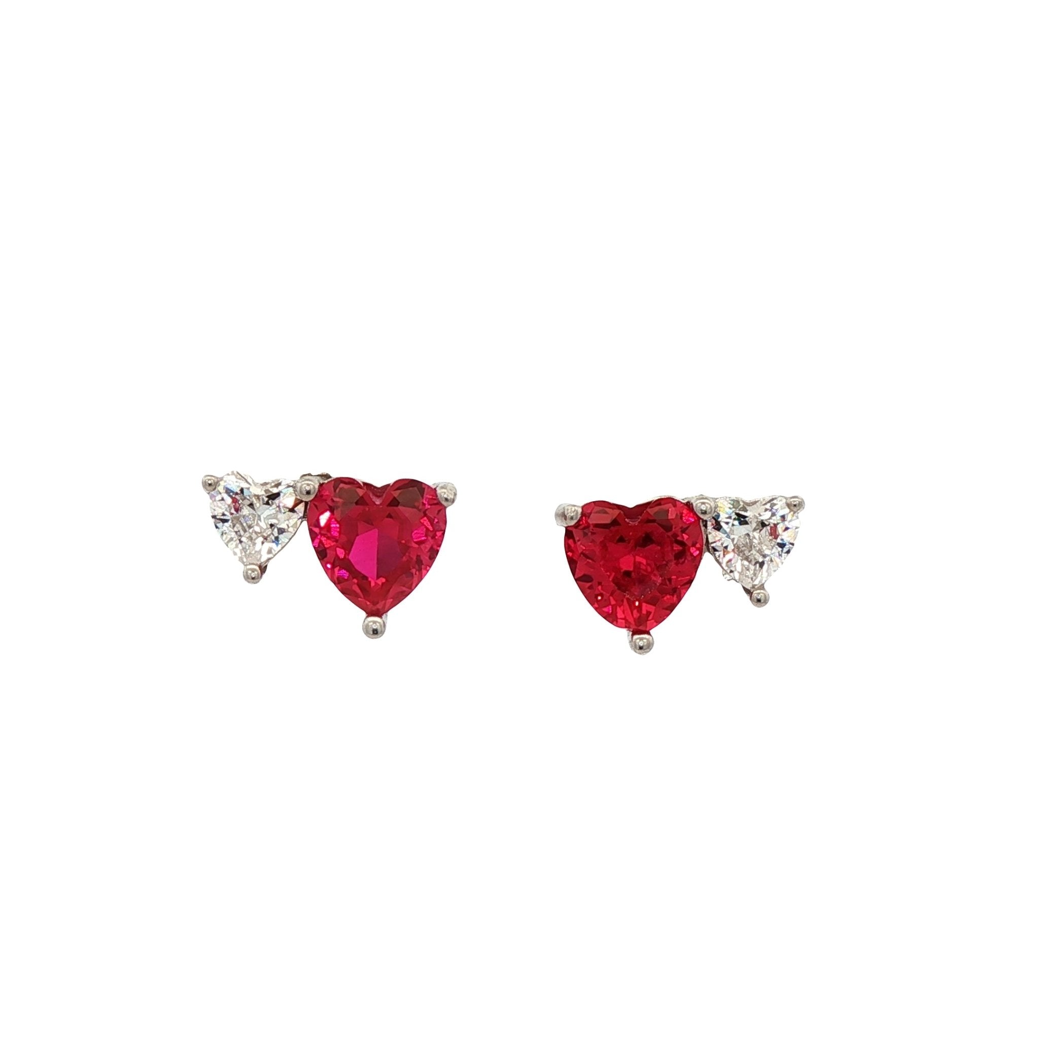925SL DOUBLE HEART WHITE AND RED CZ EARRINGS - C'SANTOS